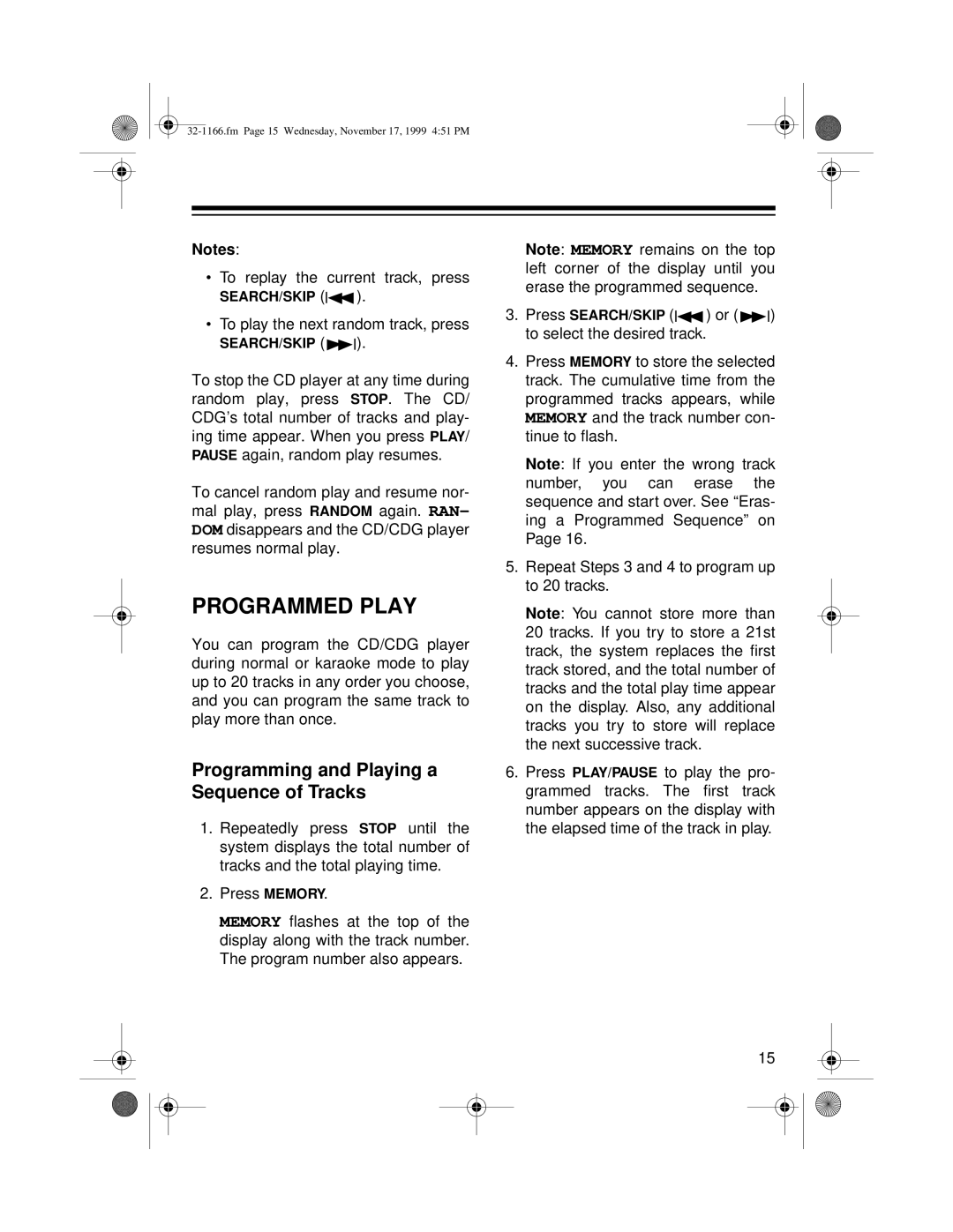 Optimus CDG owner manual Programmed Play, Programming and Playing a Sequence of Tracks 