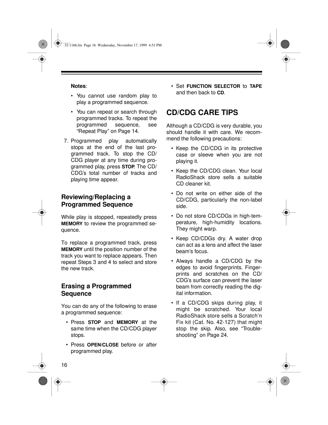 Optimus owner manual CD/CDG Care Tips, Reviewing/Replacing a Programmed Sequence, Erasing a Programmed Sequence 