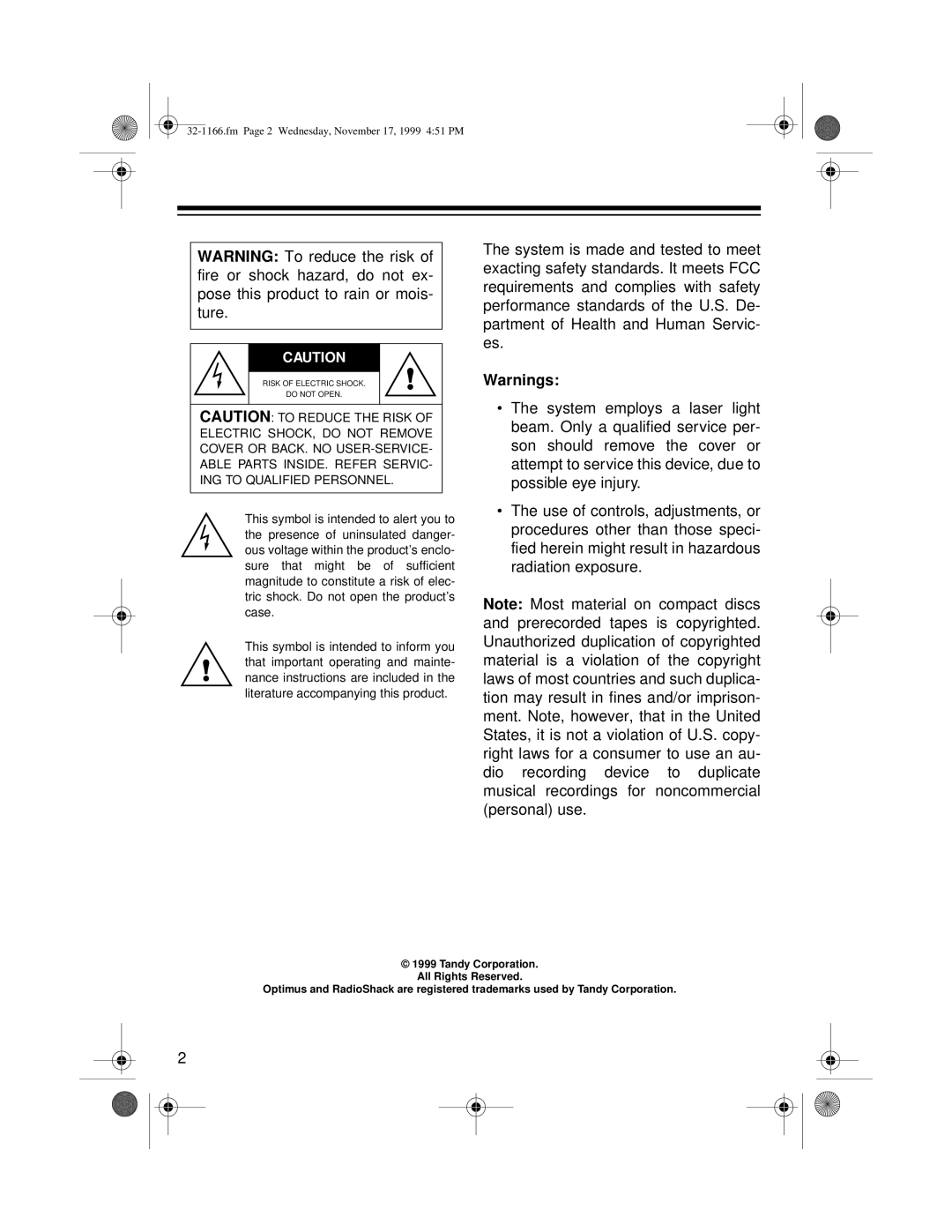 Optimus CDG owner manual Fm Page 2 Wednesday, November 17, 1999 451 PM 