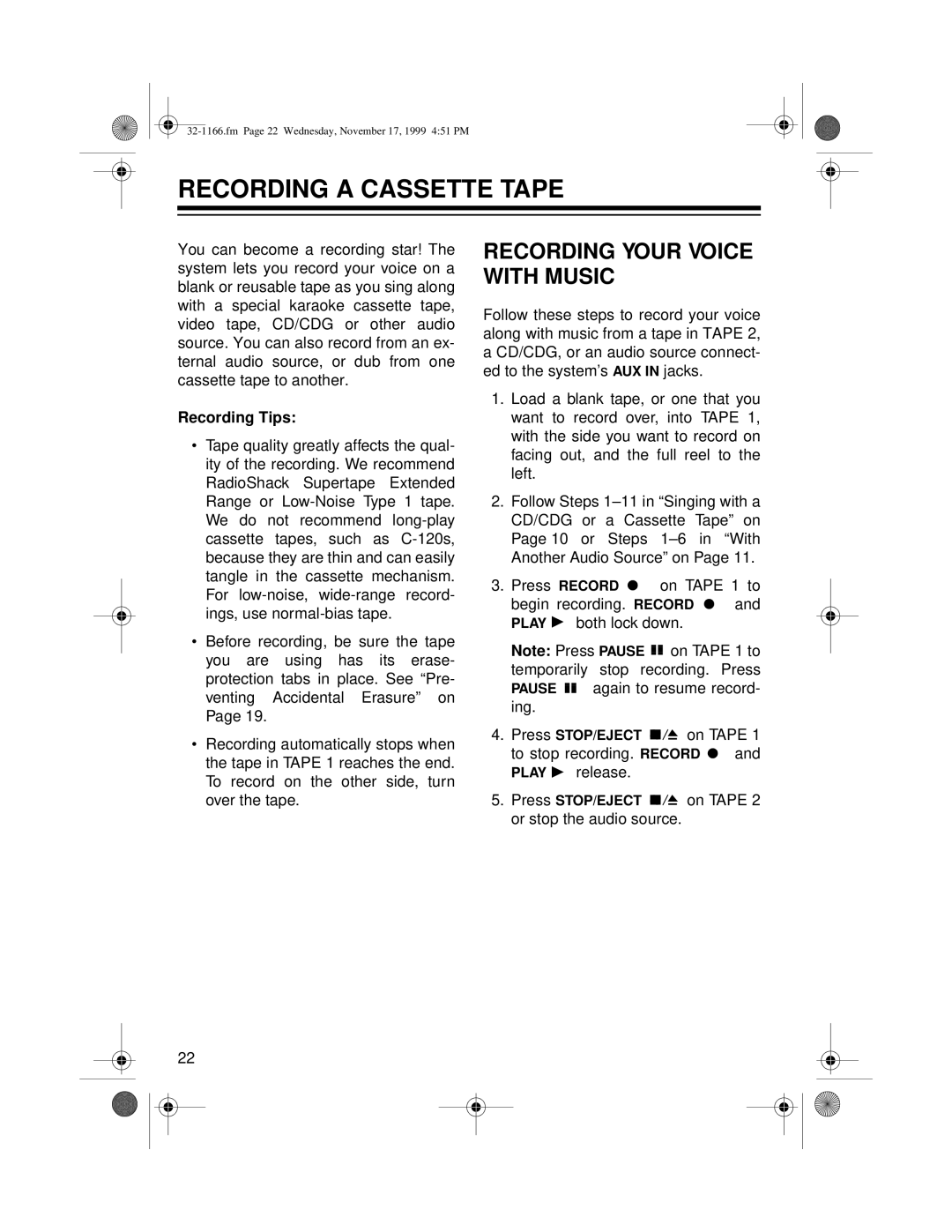 Optimus CDG owner manual Recording a Cassette Tape, Recording Your Voice with Music 