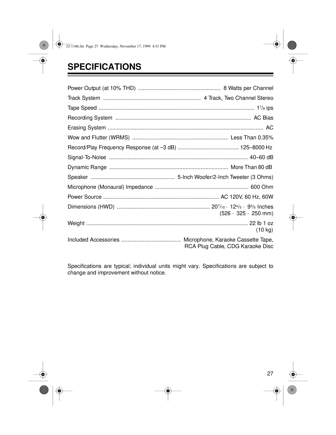 Optimus CDG owner manual Specifications 