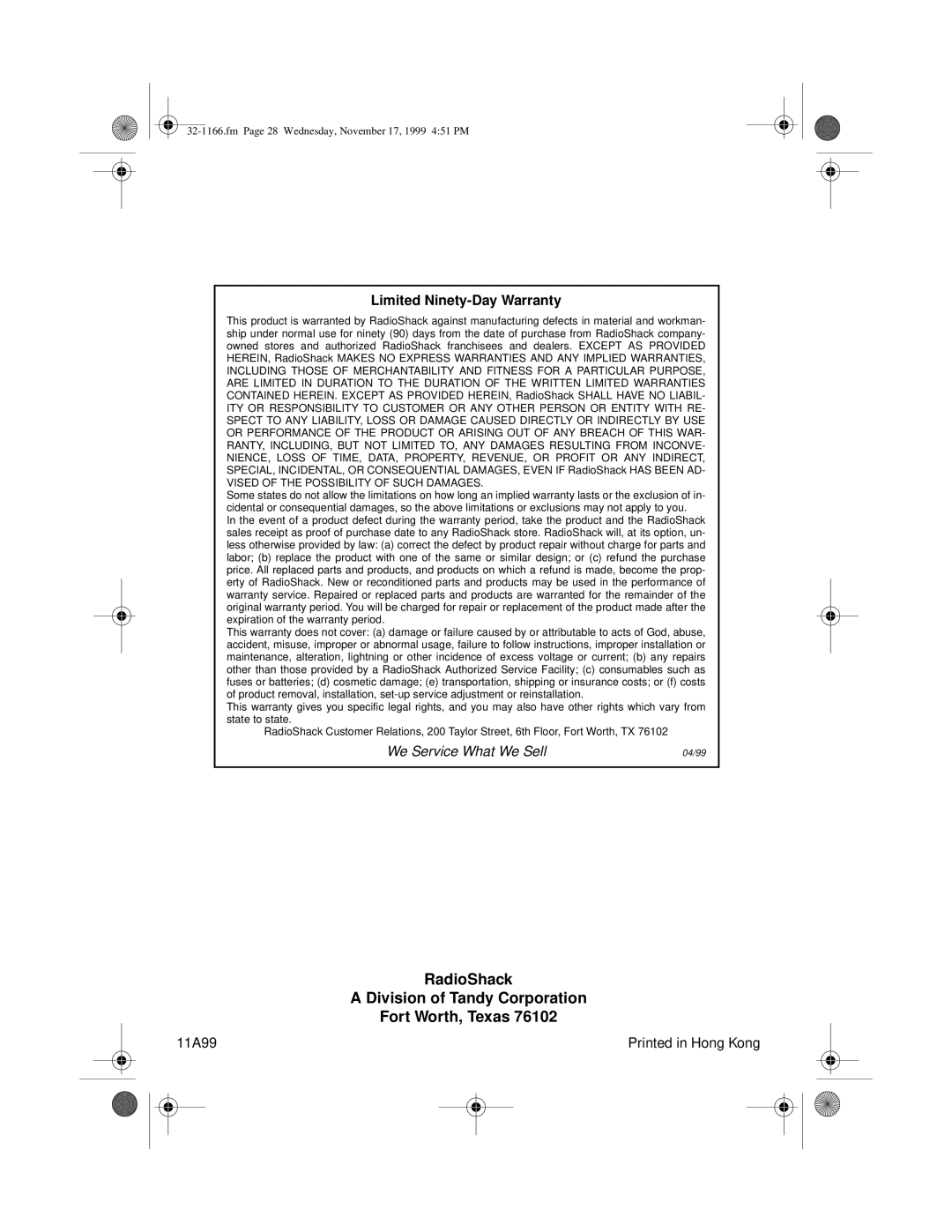 Optimus CDG owner manual RadioShack Division of Tandy Corporation Fort Worth, Texas 