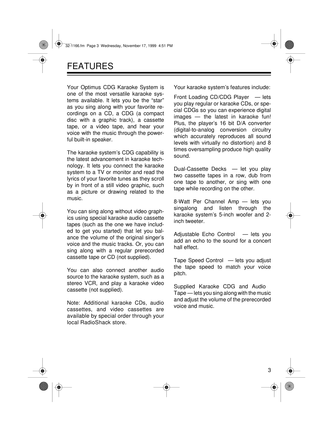 Optimus CDG owner manual Features 