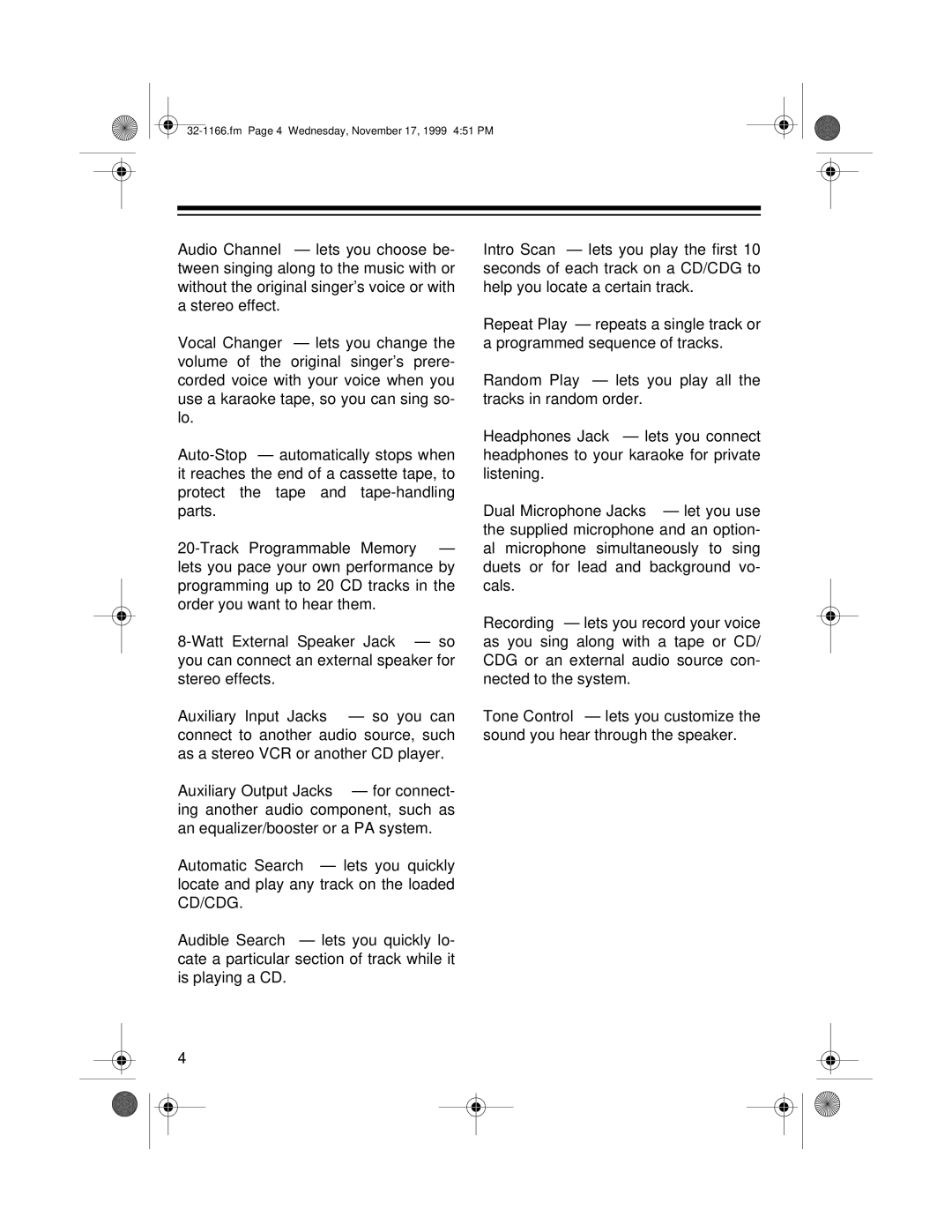 Optimus CDG owner manual Fm Page 4 Wednesday, November 17, 1999 451 PM 