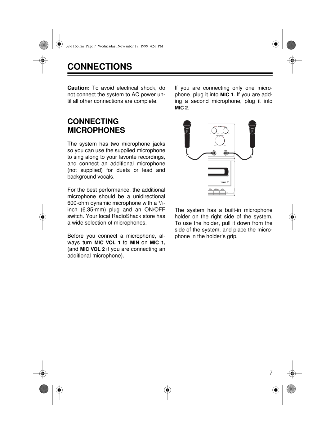 Optimus CDG owner manual Connections, Connecting Microphones 