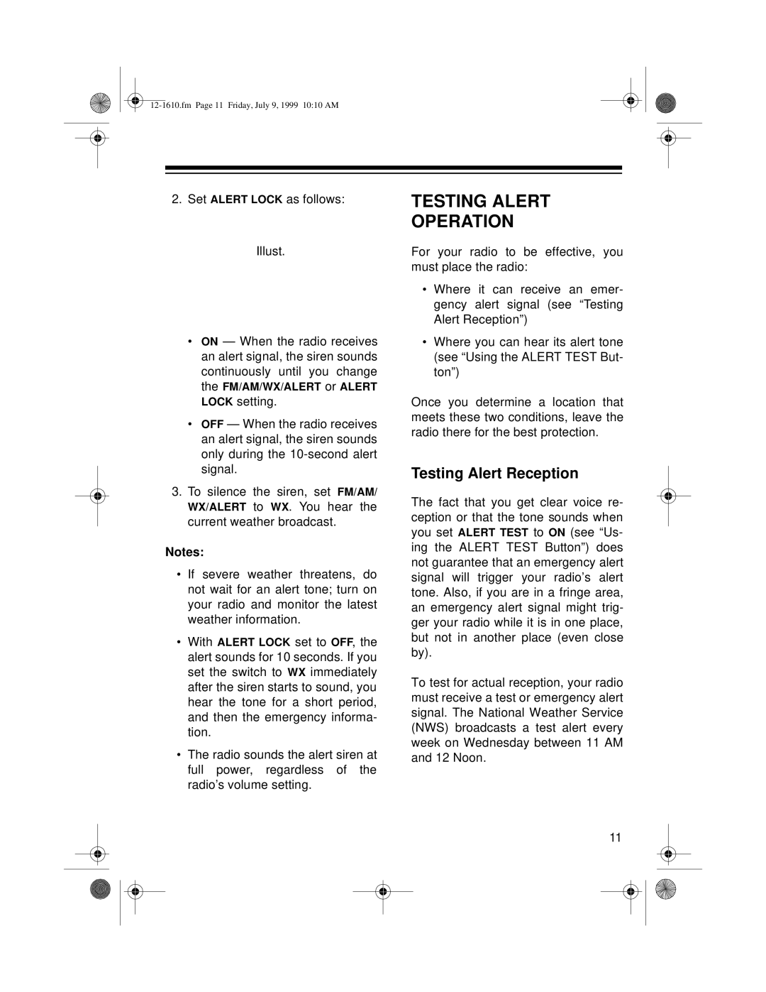 Optimus 12-1610, CR-307 owner manual Testing Alert Operation, Set Alert Lock as follows Illust 