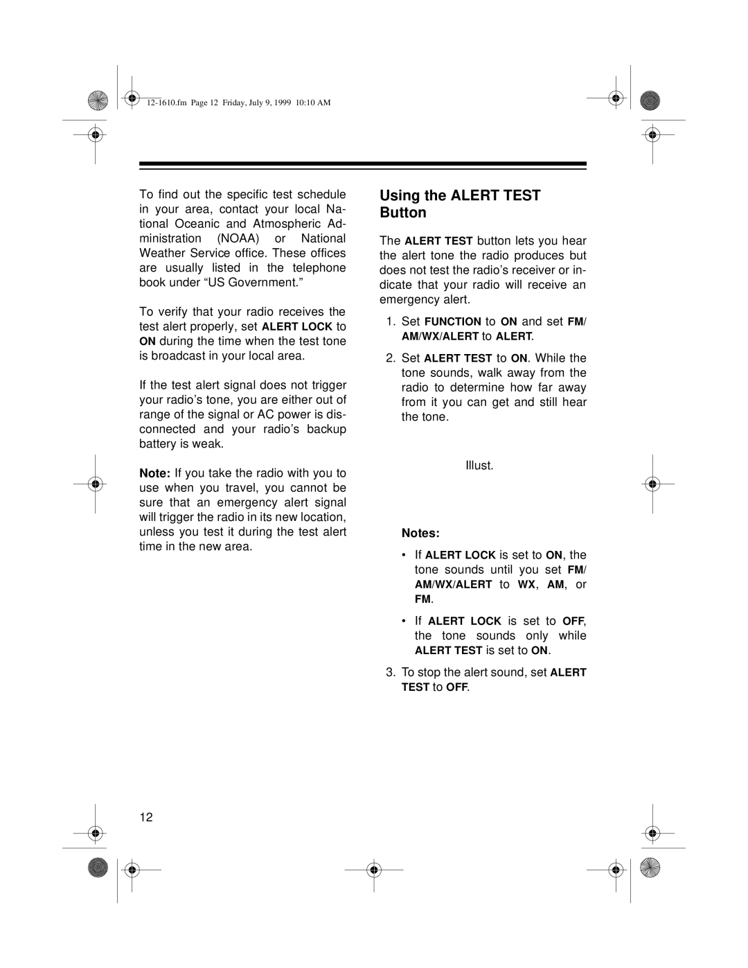 Optimus CR-307, 12-1610 owner manual Using the Alert Test Button 