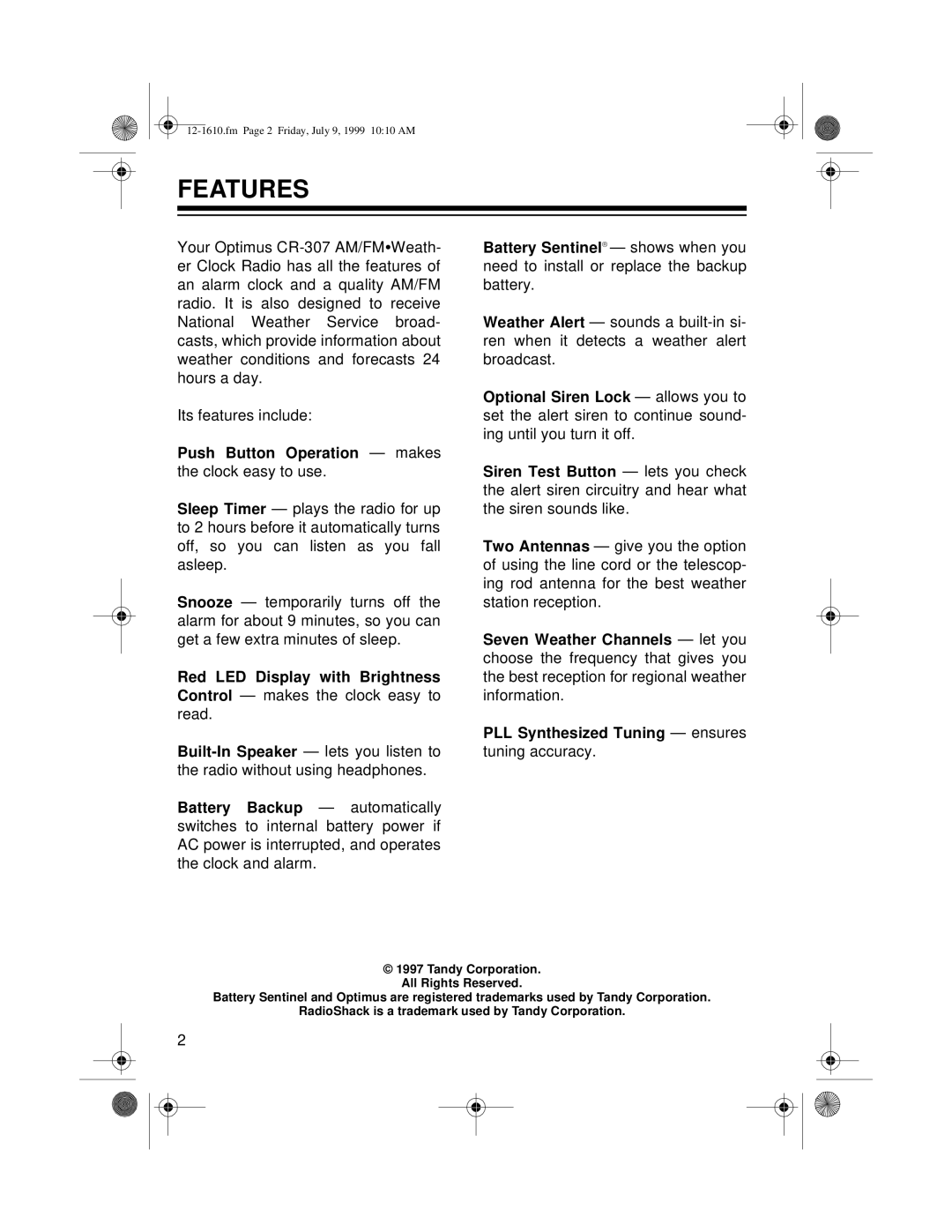 Optimus CR-307, 12-1610 owner manual Features, Push Button Operation makes the clock easy to use 