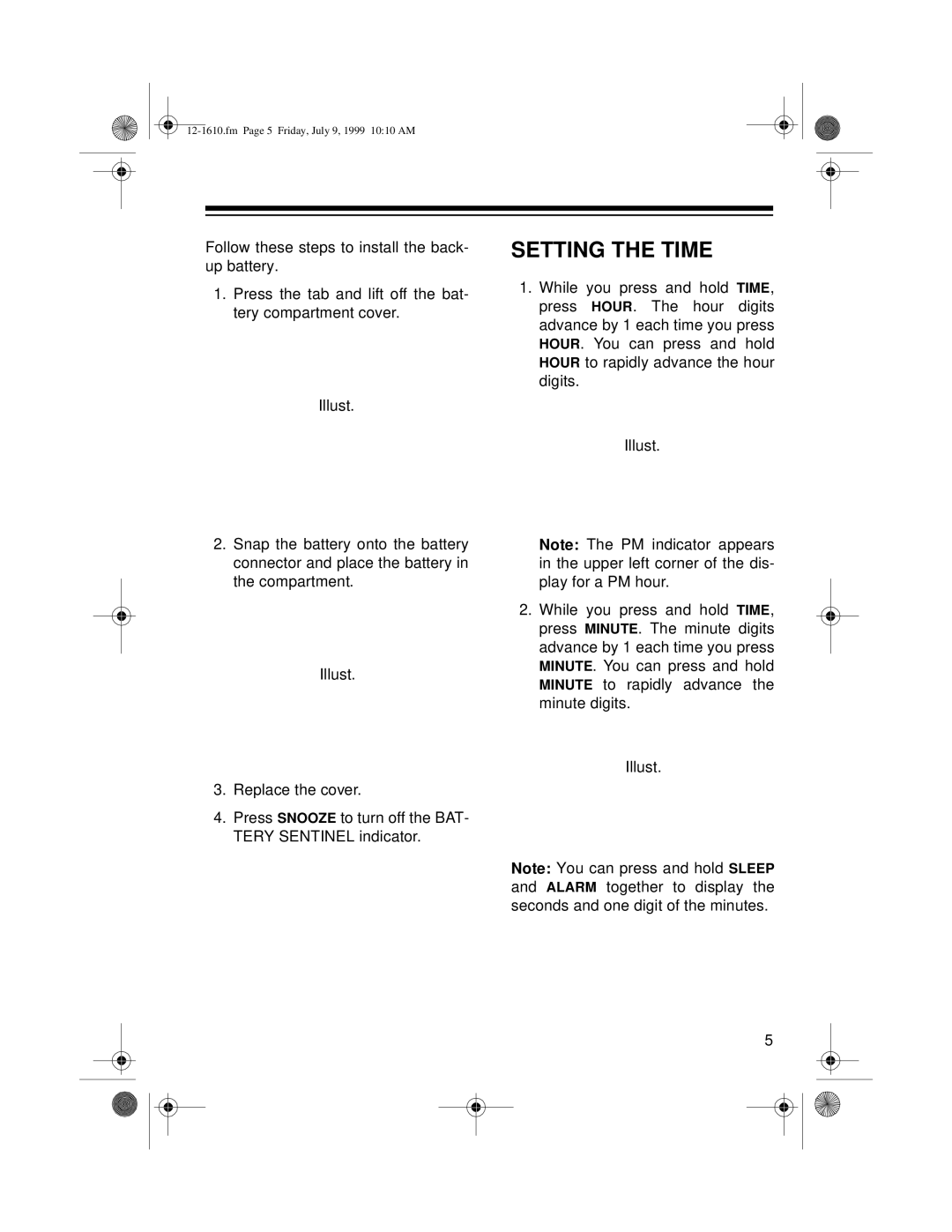 Optimus 12-1610, CR-307 owner manual Setting the Time 