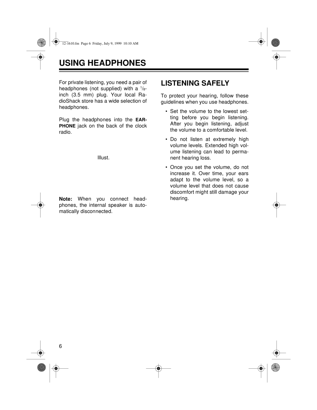 Optimus CR-307, 12-1610 owner manual Using Headphones, Listening Safely 