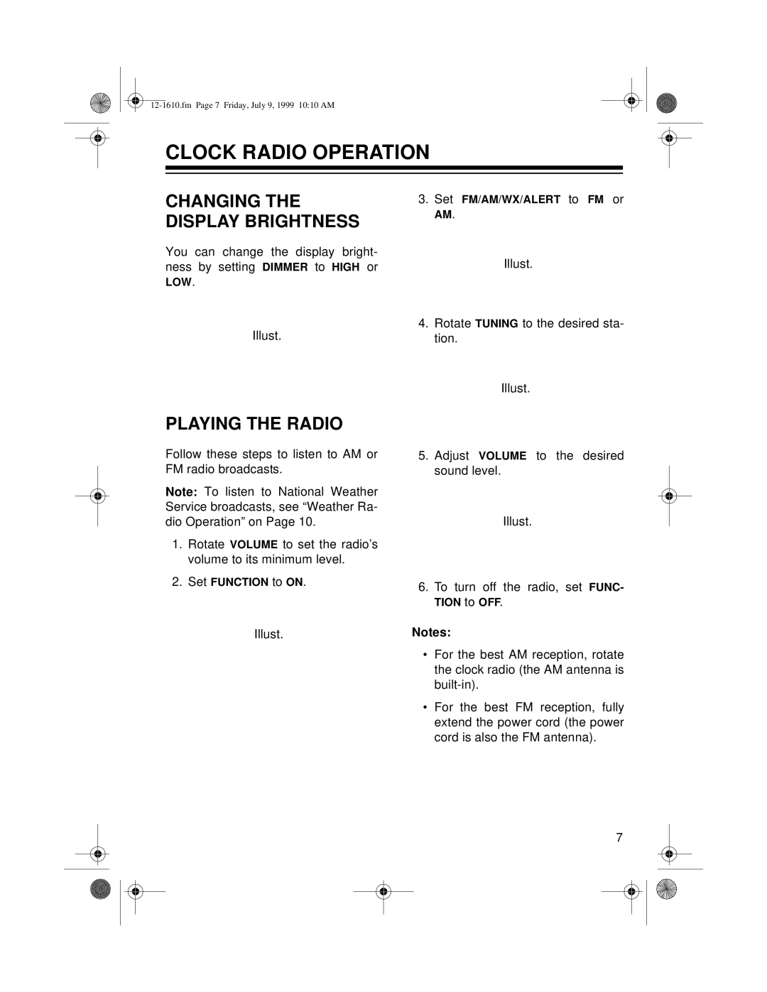 Optimus 12-1610, CR-307 owner manual Clock Radio Operation, Playing the Radio 