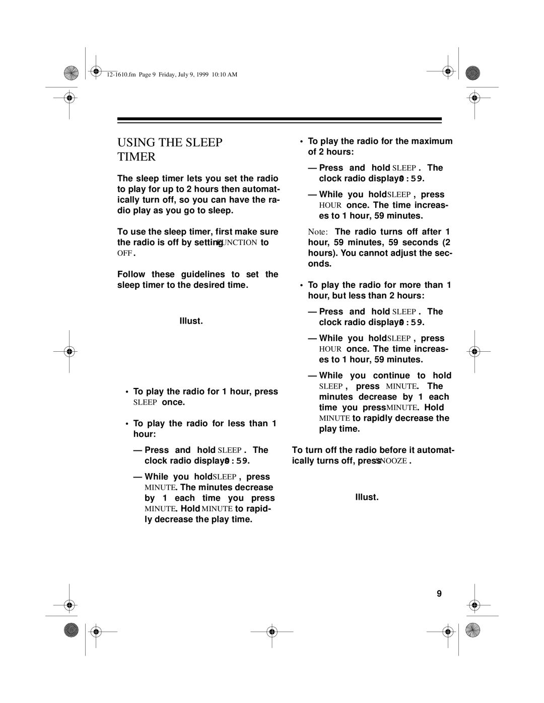 Optimus 12-1610, CR-307 owner manual Using the Sleep Timer 