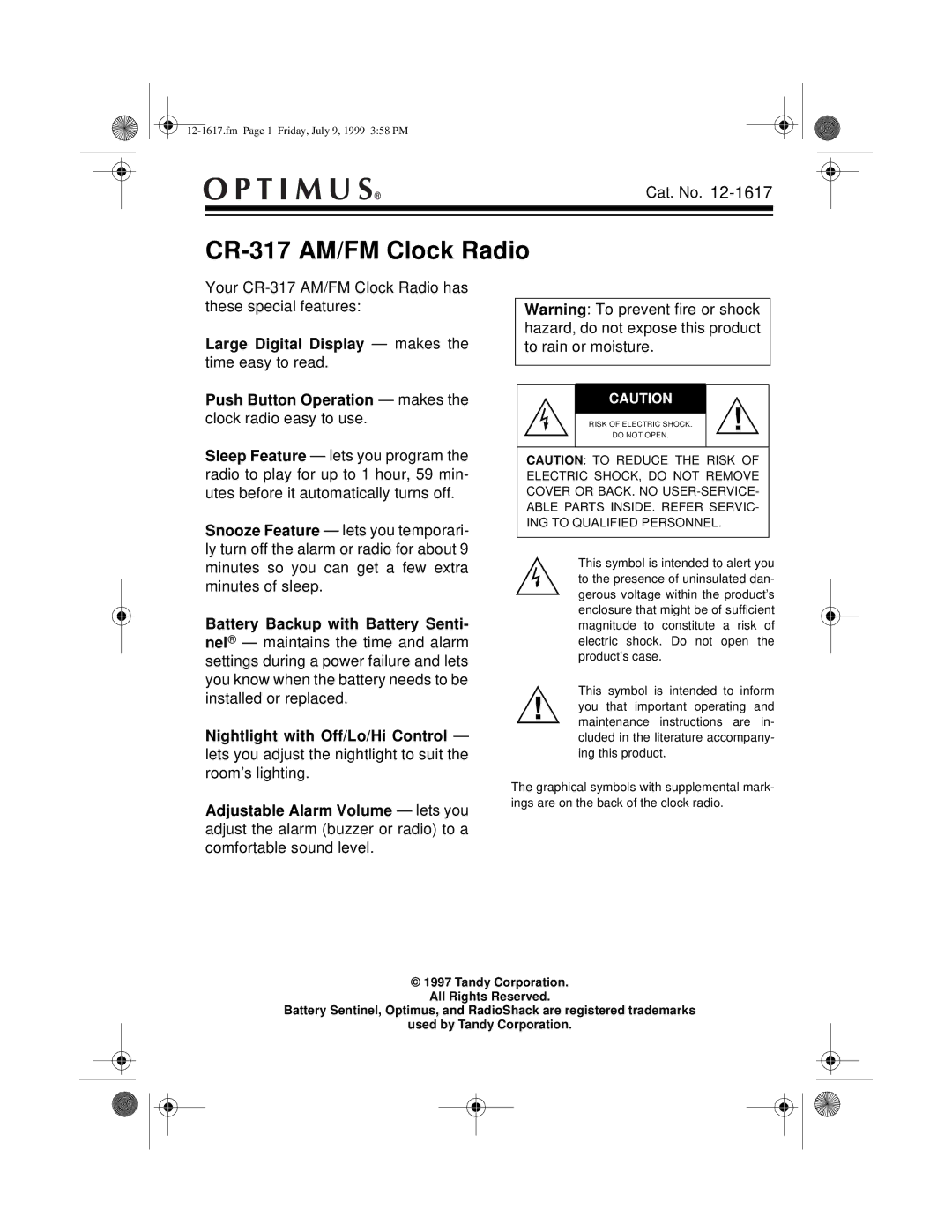 Optimus user service CR-317 AM/FM Clock Radio 