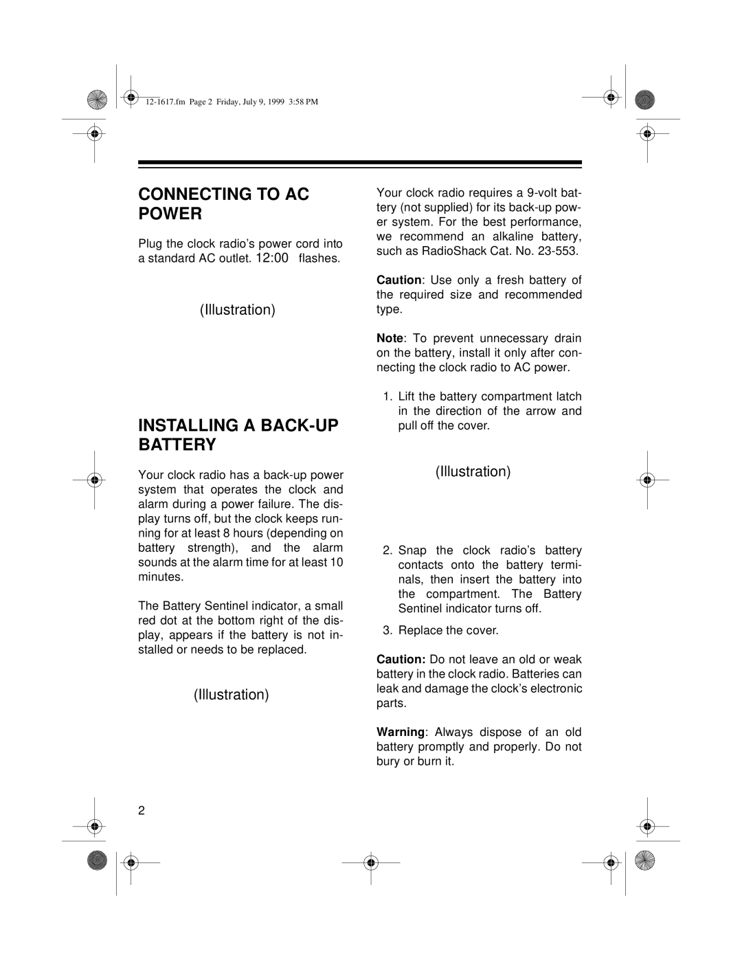 Optimus CR-317 user service Connecting to AC Power, Installing a BACK-UP Battery 