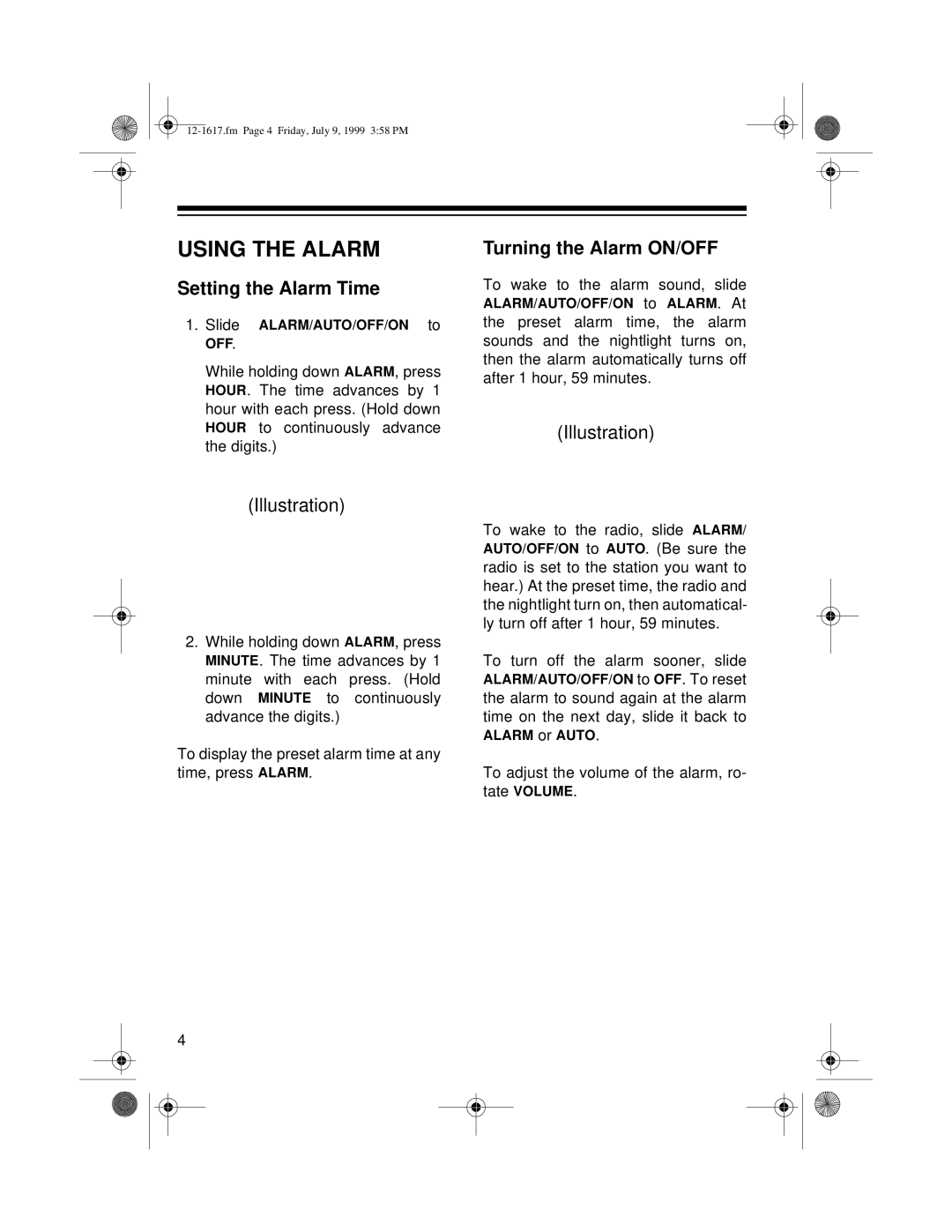 Optimus CR-317 user service Using the Alarm, Setting the Alarm Time, Turning the Alarm ON/OFF 