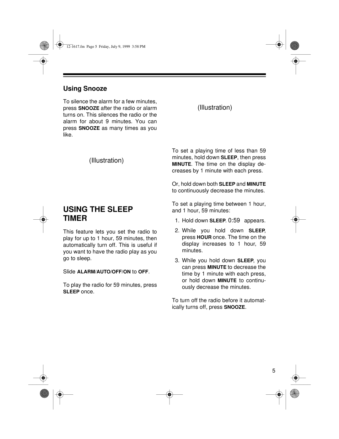 Optimus CR-317 user service Using the Sleep Timer, Using Snooze 