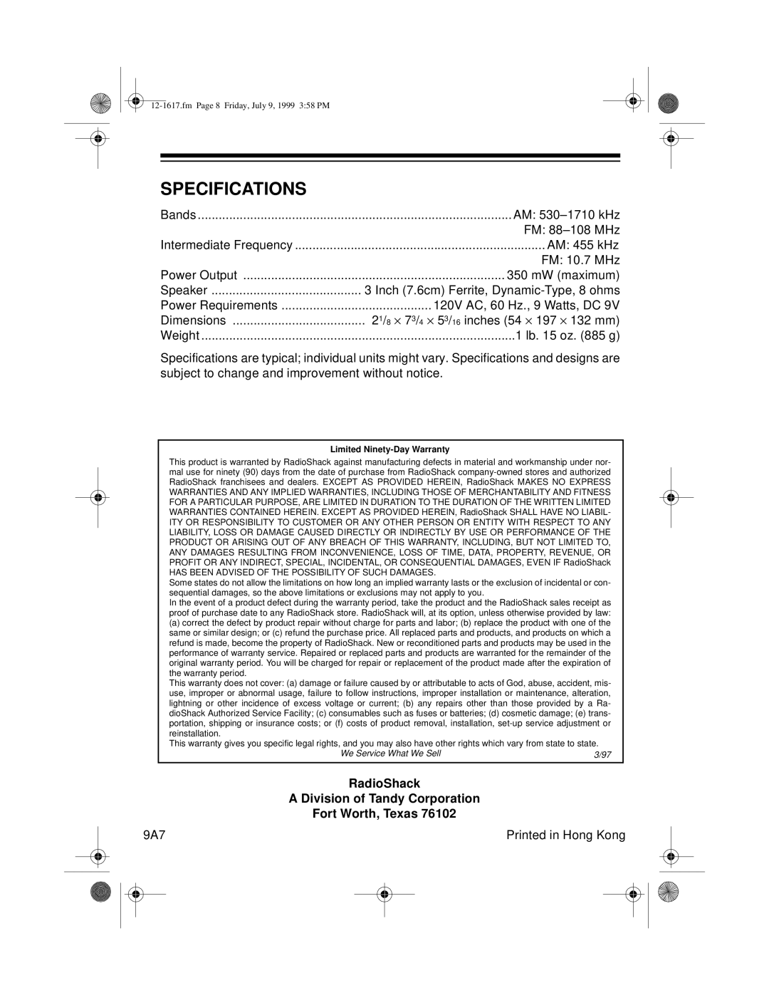 Optimus CR-317 user service Specifications, Limited Ninety-Day Warranty 