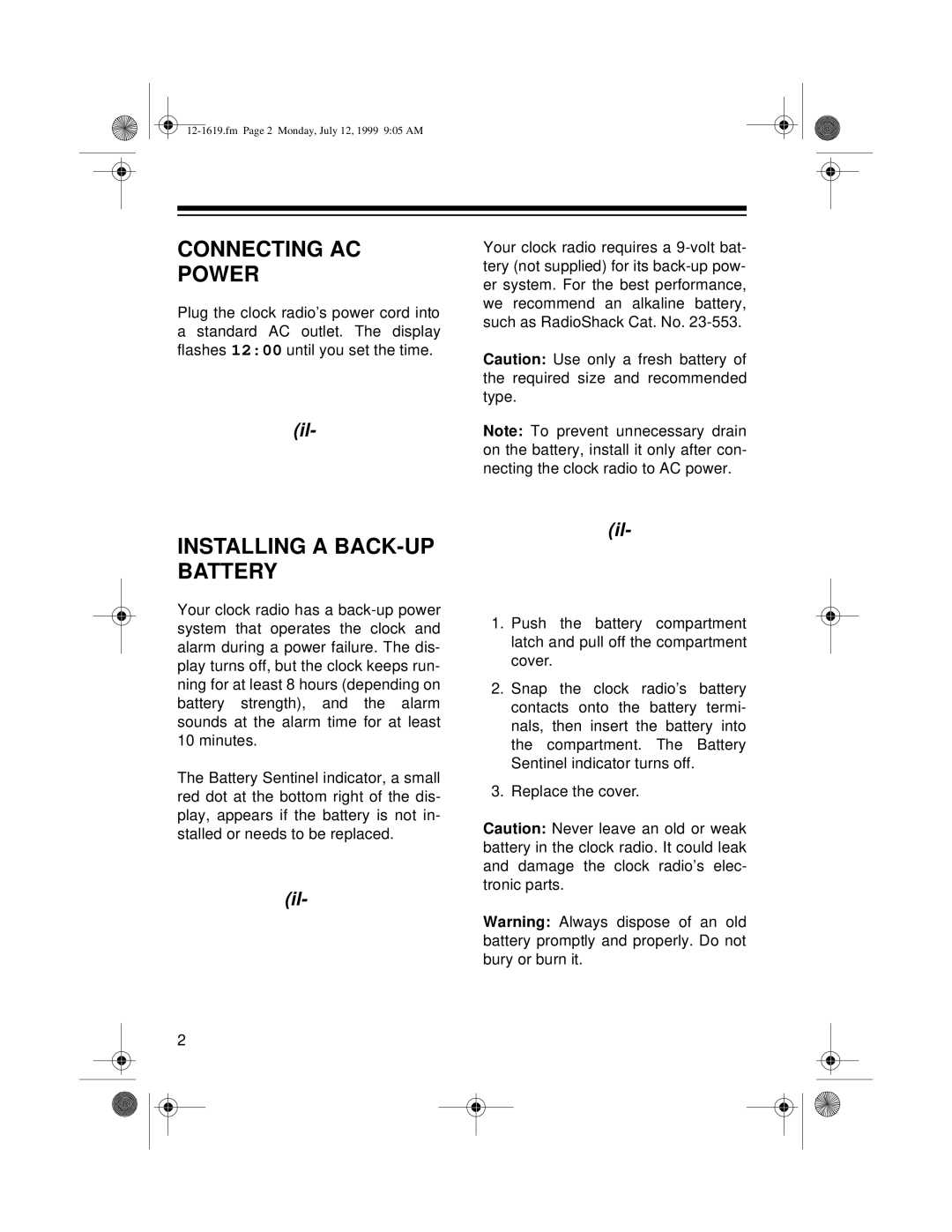 Optimus CR-319 user service Connecting AC Power, Installing a BACK-UP Battery 