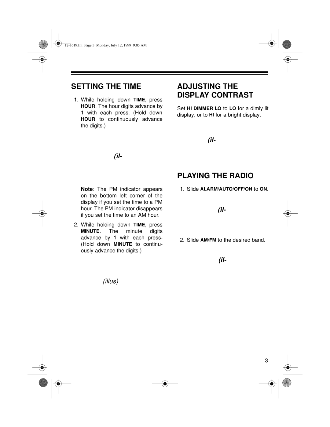 Optimus CR-319 user service Setting the Time, Playing the Radio 