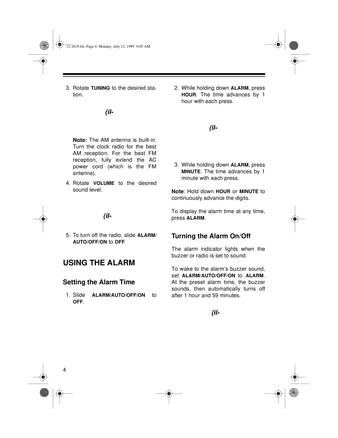 Optimus CR-319 user service Using the Alarm, Setting the Alarm Time, Turning the Alarm On/Off 