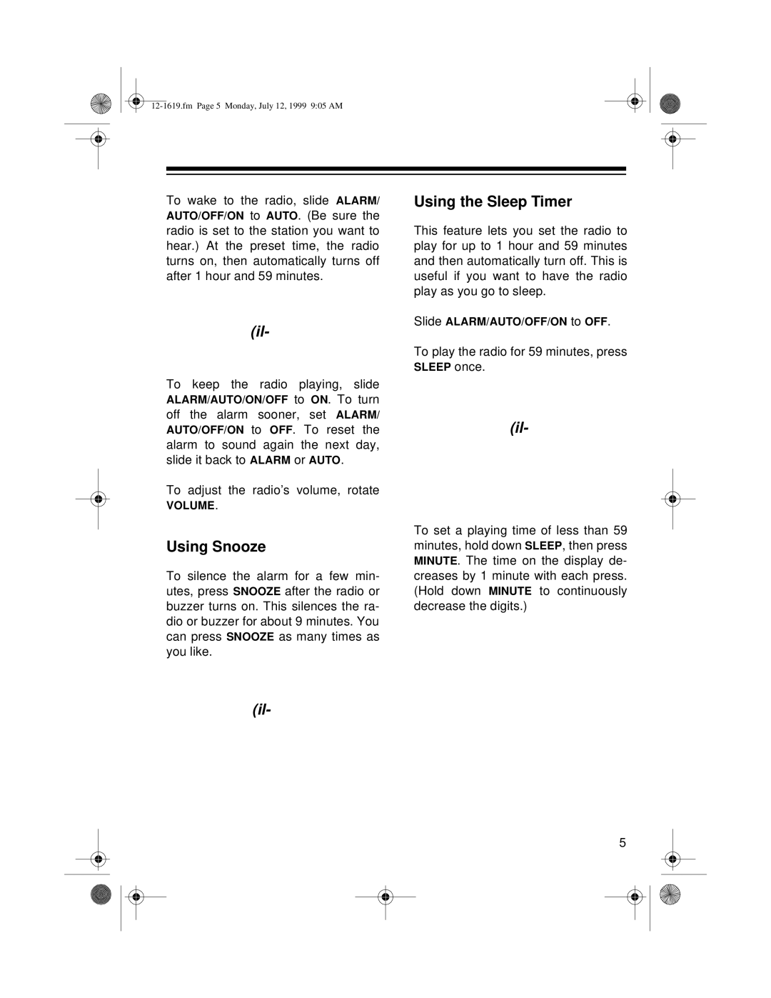 Optimus CR-319 user service Using Snooze, Using the Sleep Timer 