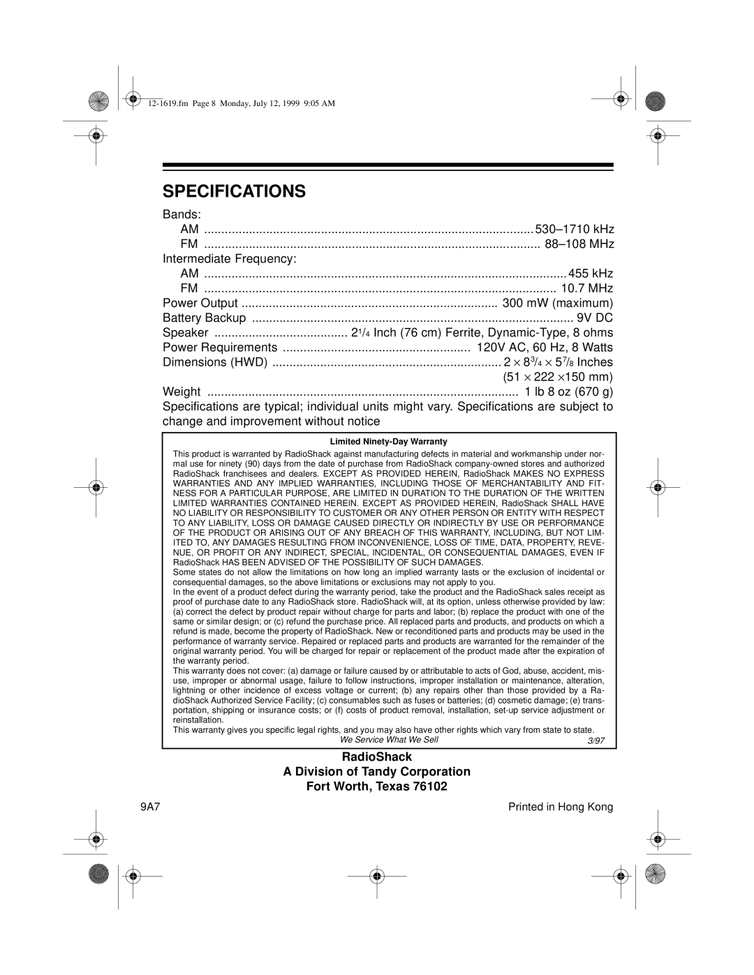 Optimus CR-319 user service Specifications, 9V DC 