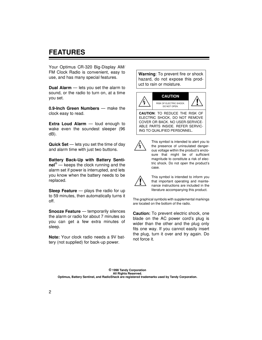 Optimus CR-320 owner manual Features, Battery Back-Up with Battery Senti 