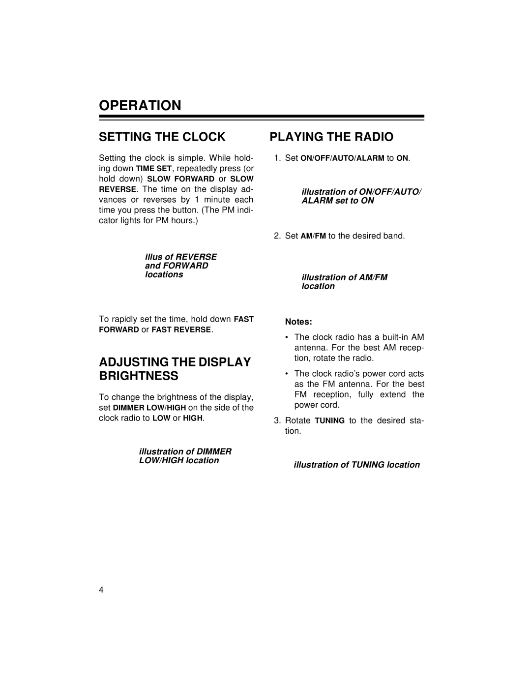 Optimus CR-320 owner manual Operation, Setting the Clock, Adjusting the Display Brightness, Playing the Radio 