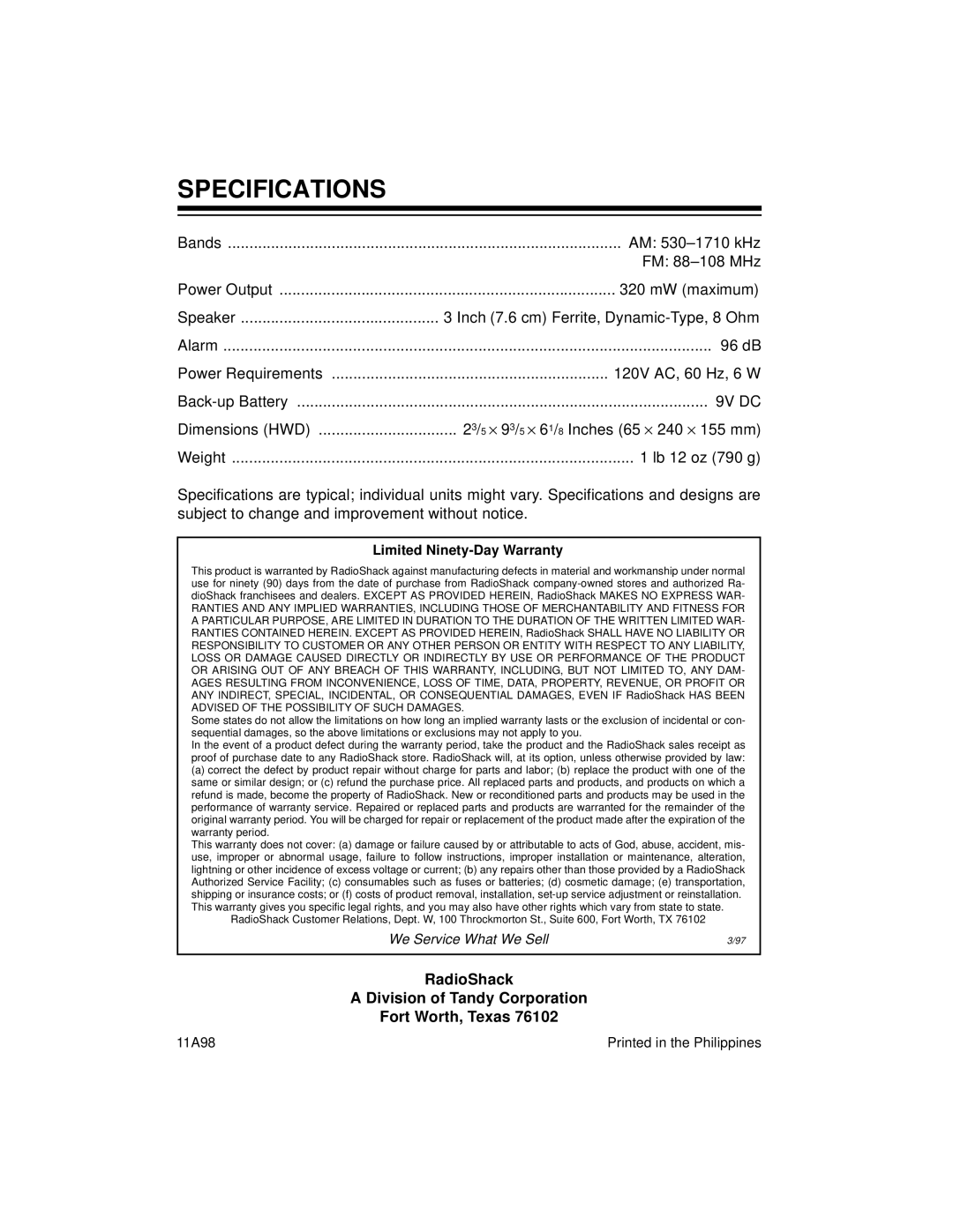 Optimus CR-320 owner manual Specifications, 9V DC 