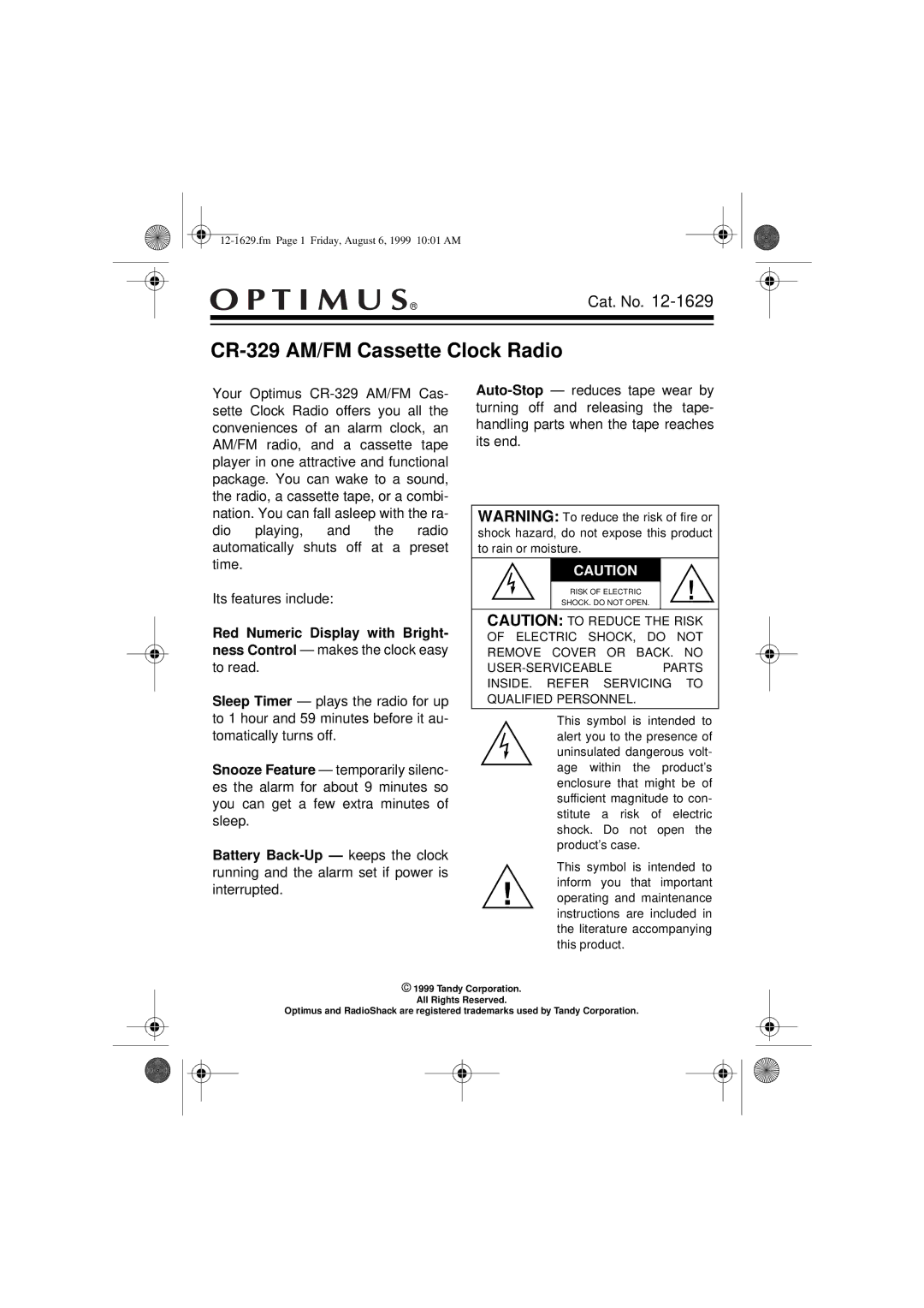 Optimus user service CR-329 AM/FM Cassette Clock Radio 