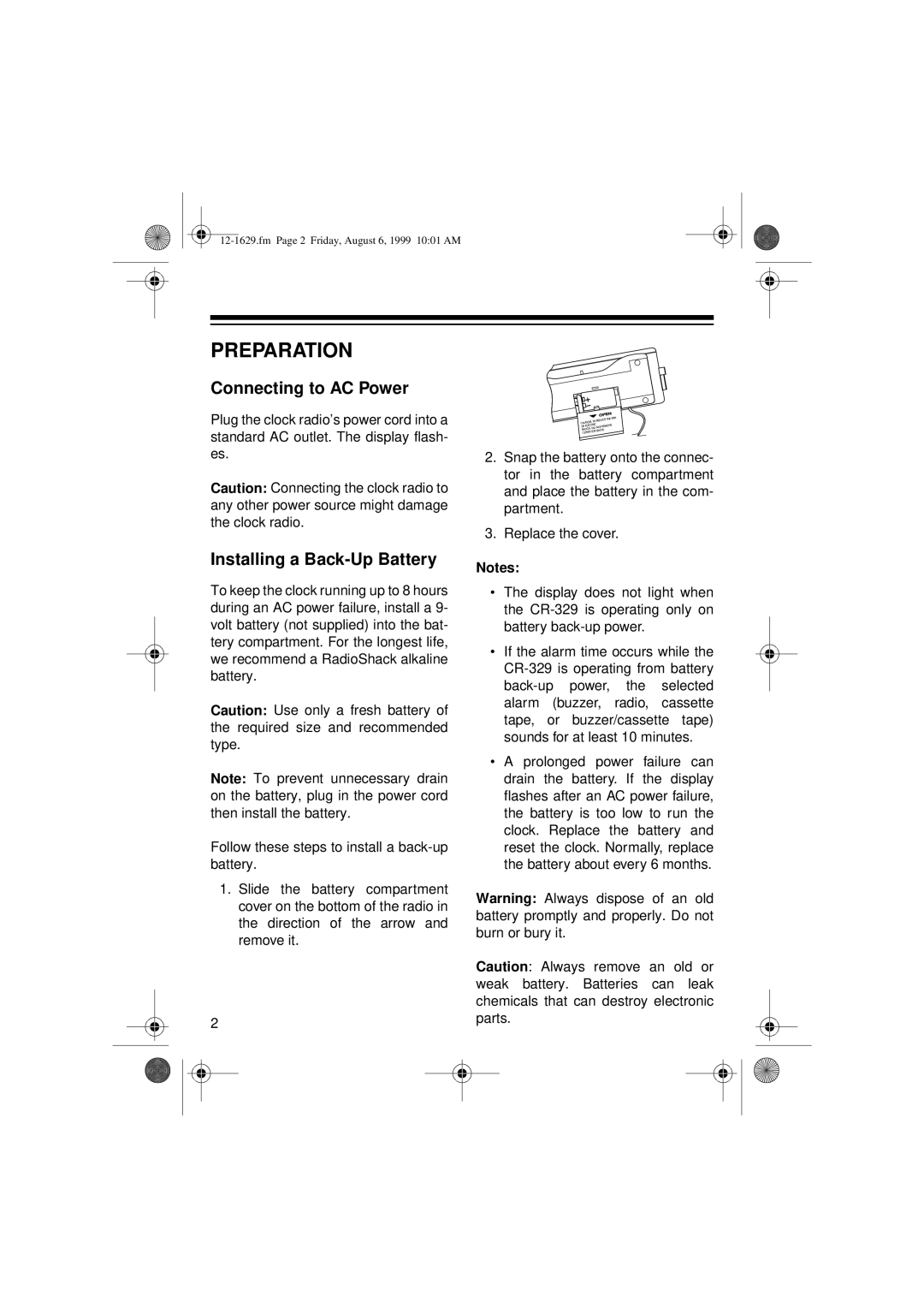 Optimus CR-329 user service Preparation, Connecting to AC Power, Installing a Back-Up Battery 