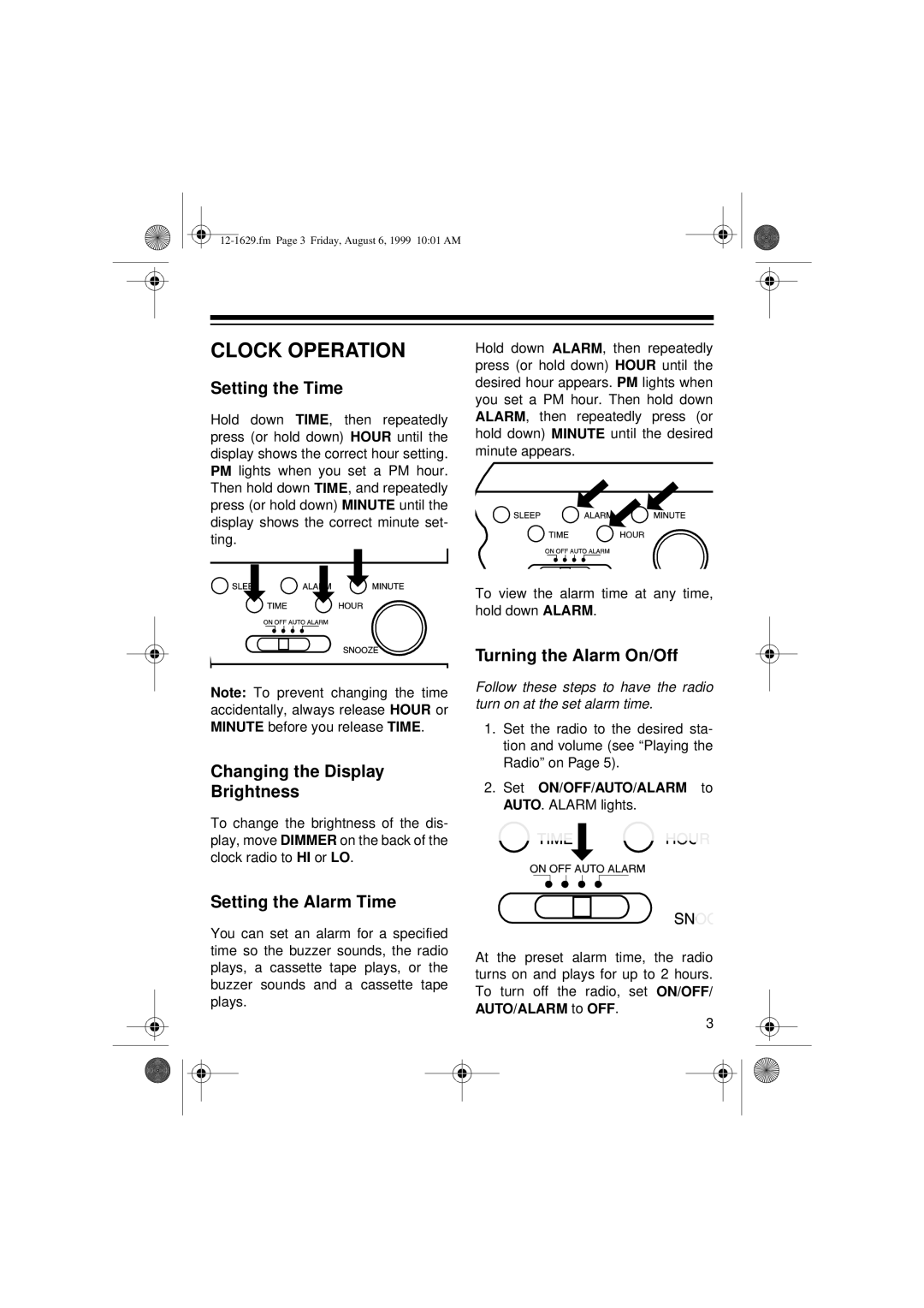 Optimus CR-329 user service Clock Operation, Setting the Time, Changing the Display Brightness, Setting the Alarm Time 