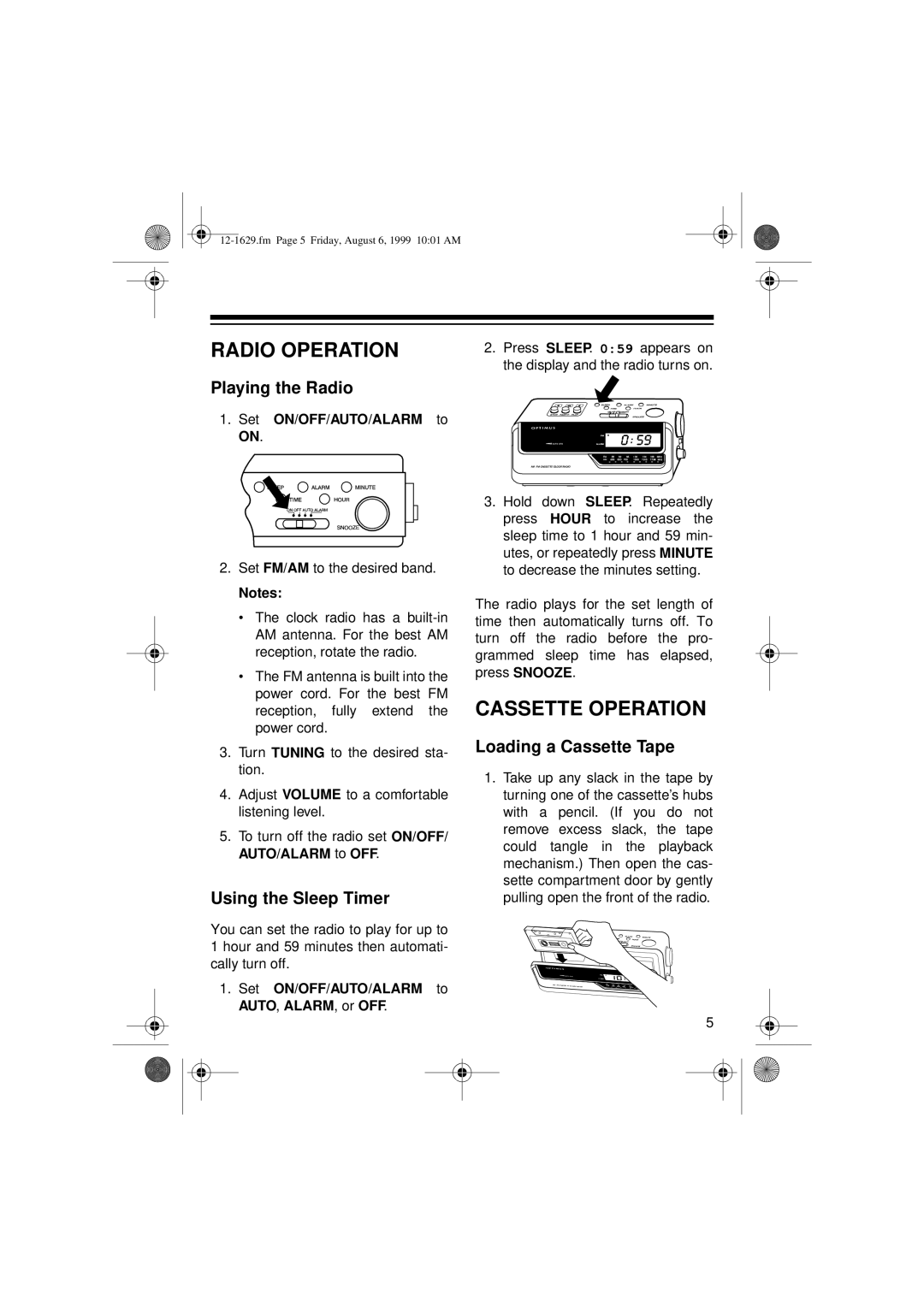 Optimus CR-329 Radio Operation, Cassette Operation, Playing the Radio, Using the Sleep Timer, Loading a Cassette Tape 