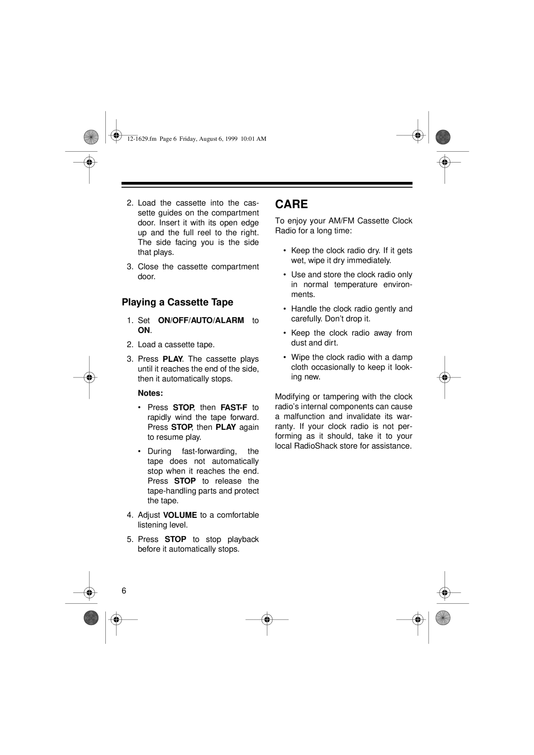 Optimus CR-329 user service Care, Playing a Cassette Tape 