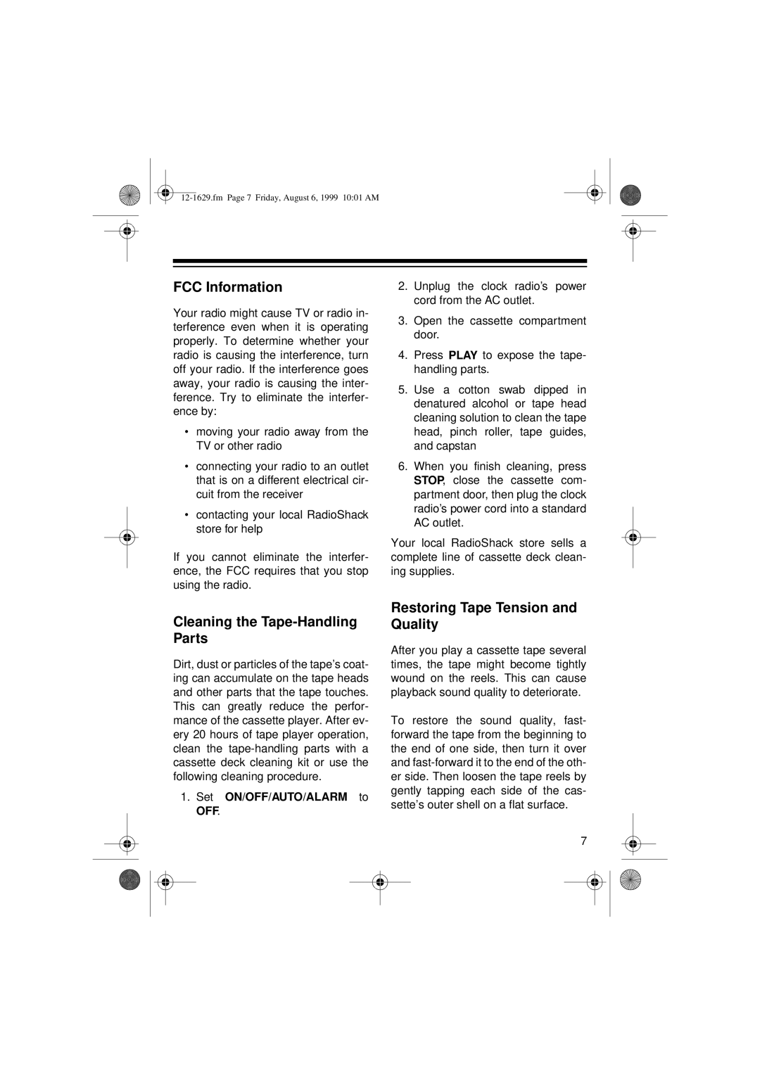 Optimus CR-329 user service FCC Information, Cleaning the Tape-Handling Parts, Restoring Tape Tension and Quality 