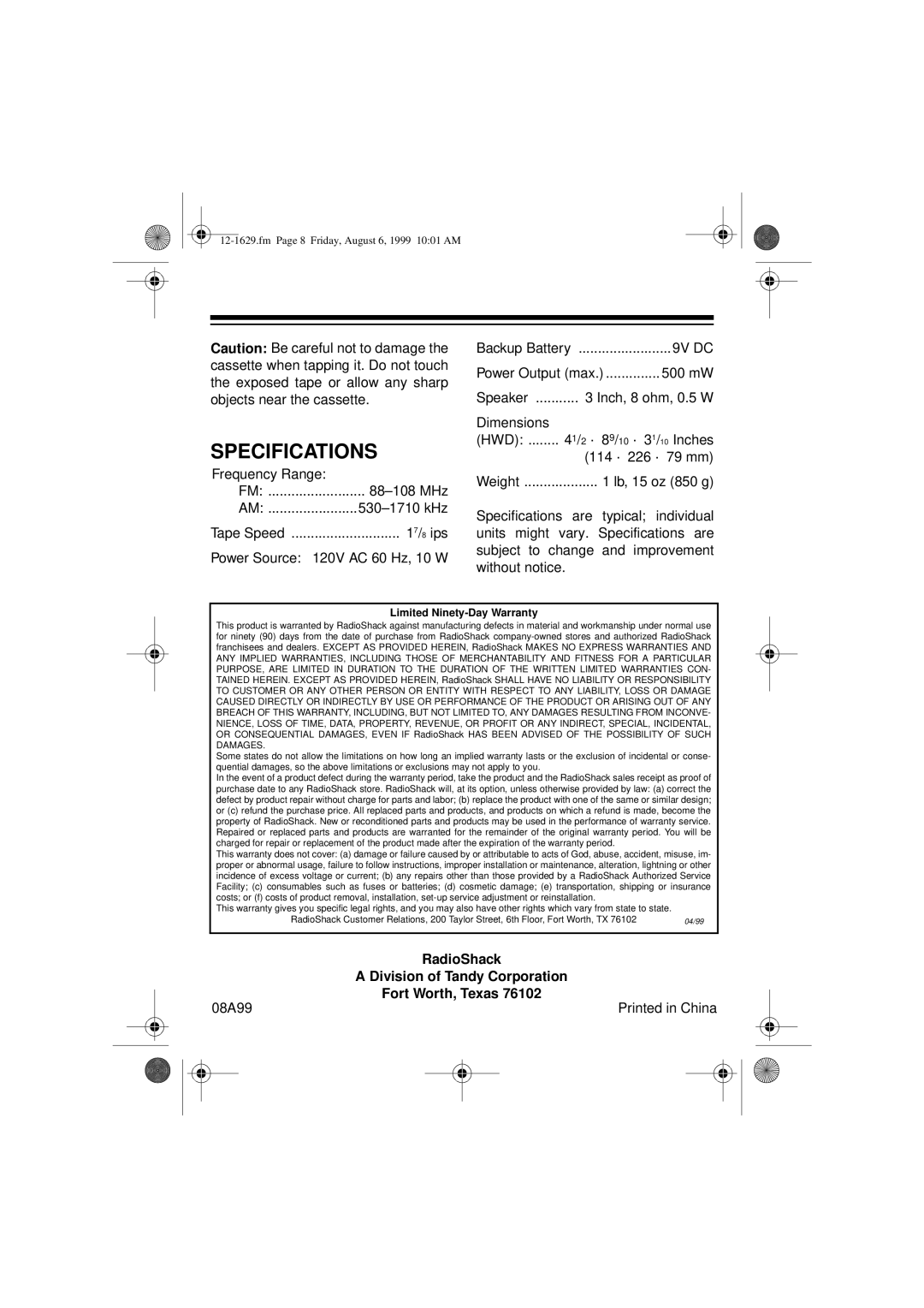 Optimus CR-329 user service Specifications, RadioShack, Division of Tandy Corporation, 08A99 