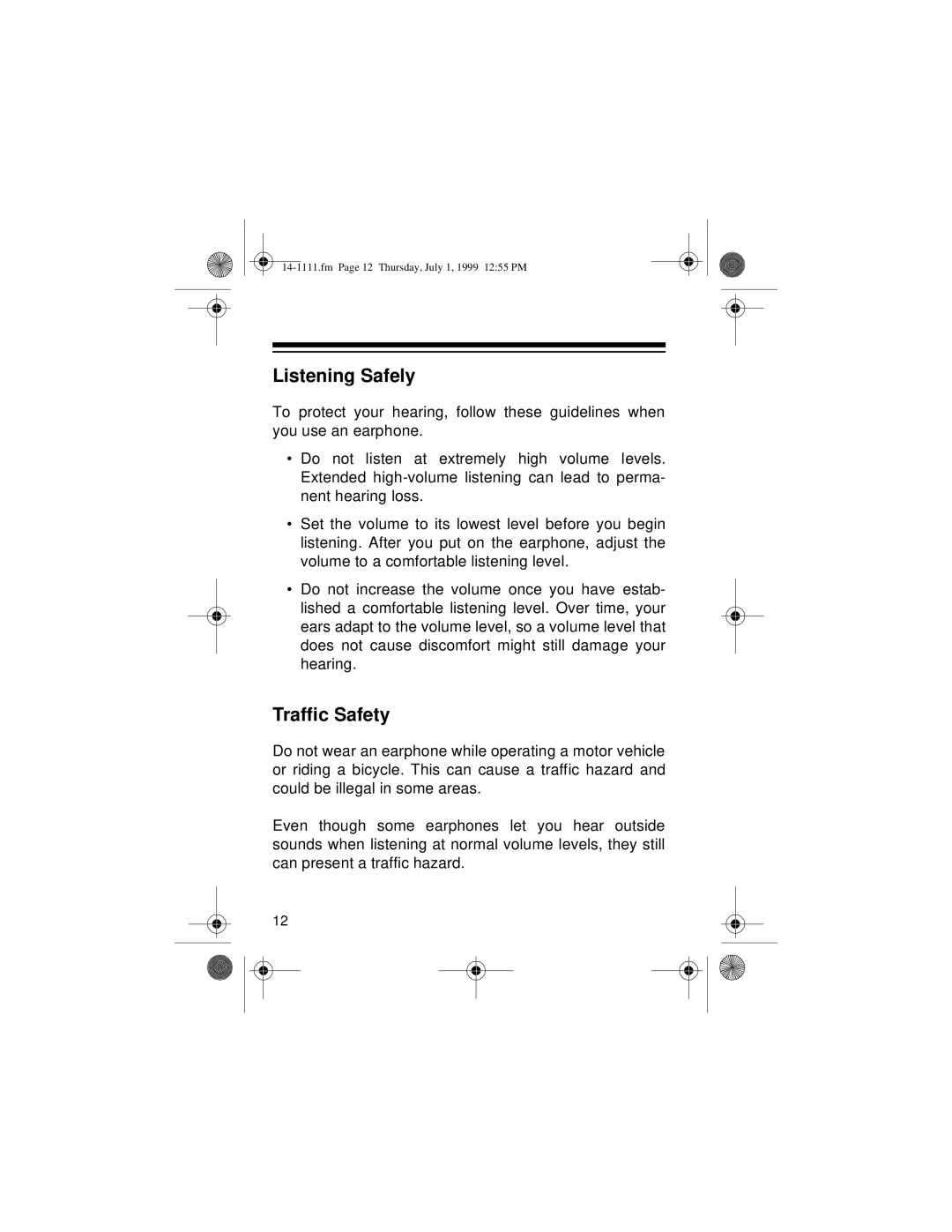 Optimus CTR-106 owner manual Listening Safely, Traffic Safety 