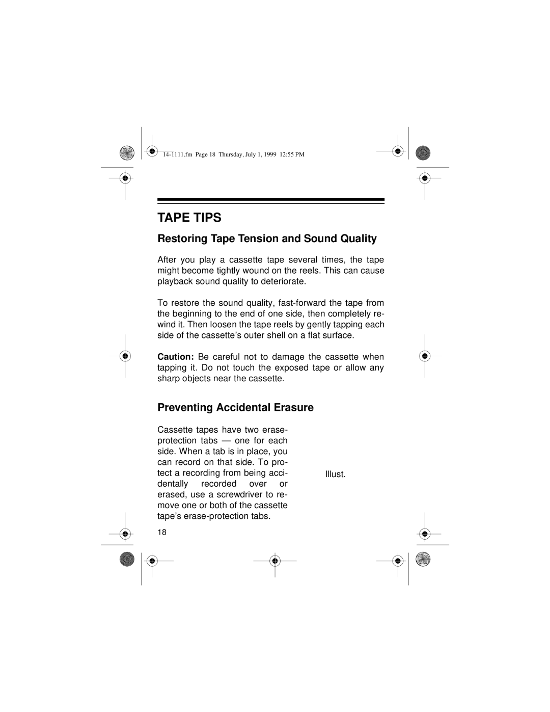 Optimus CTR-106 owner manual Tape Tips, Restoring Tape Tension and Sound Quality, Preventing Accidental Erasure 