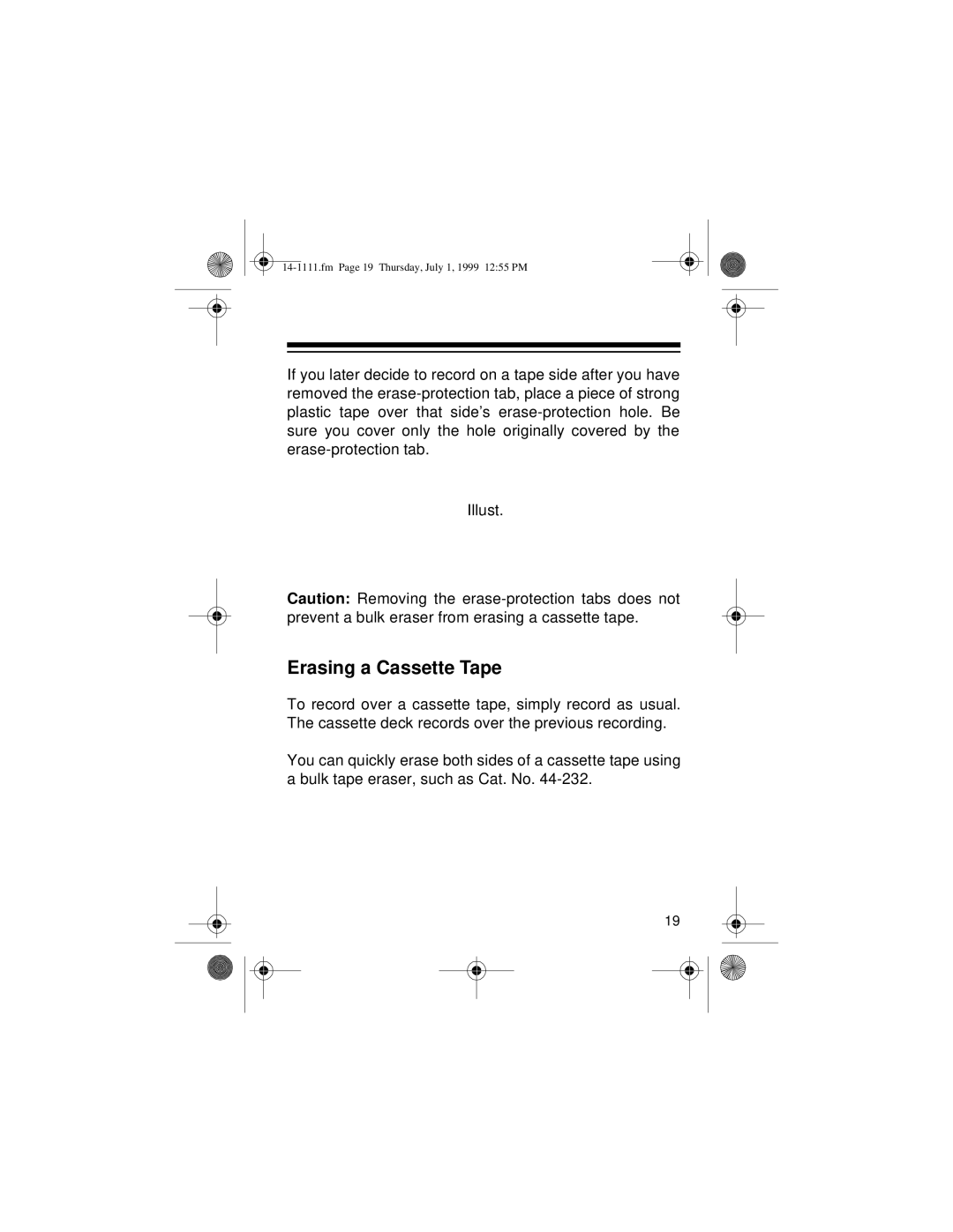 Optimus CTR-106 owner manual Erasing a Cassette Tape 