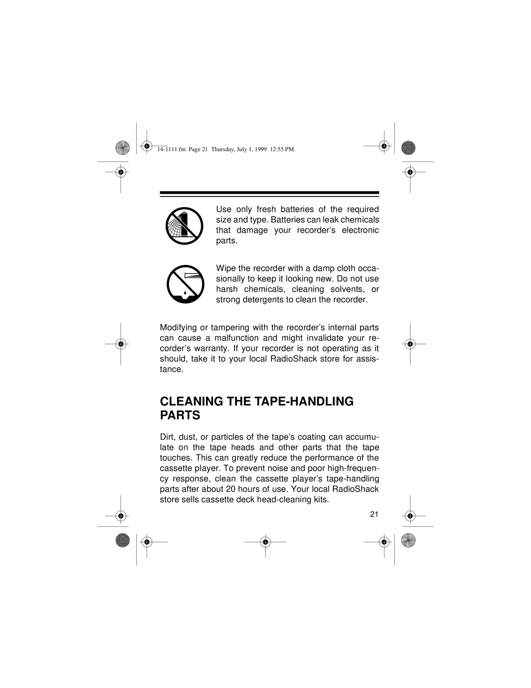 Optimus CTR-106 owner manual Cleaning the TAPE-HANDLING Parts 