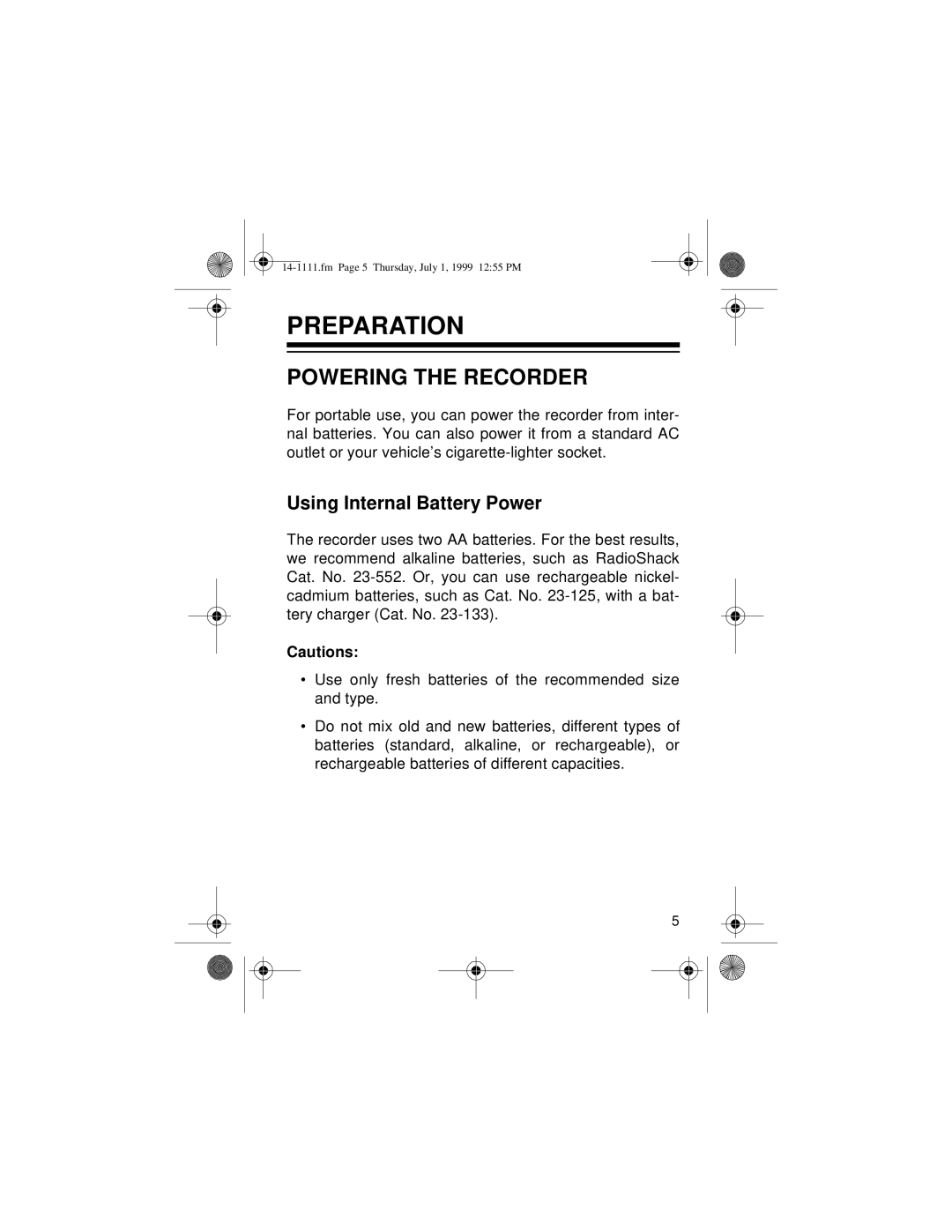 Optimus CTR-106 owner manual Preparation, Powering the Recorder, Using Internal Battery Power 