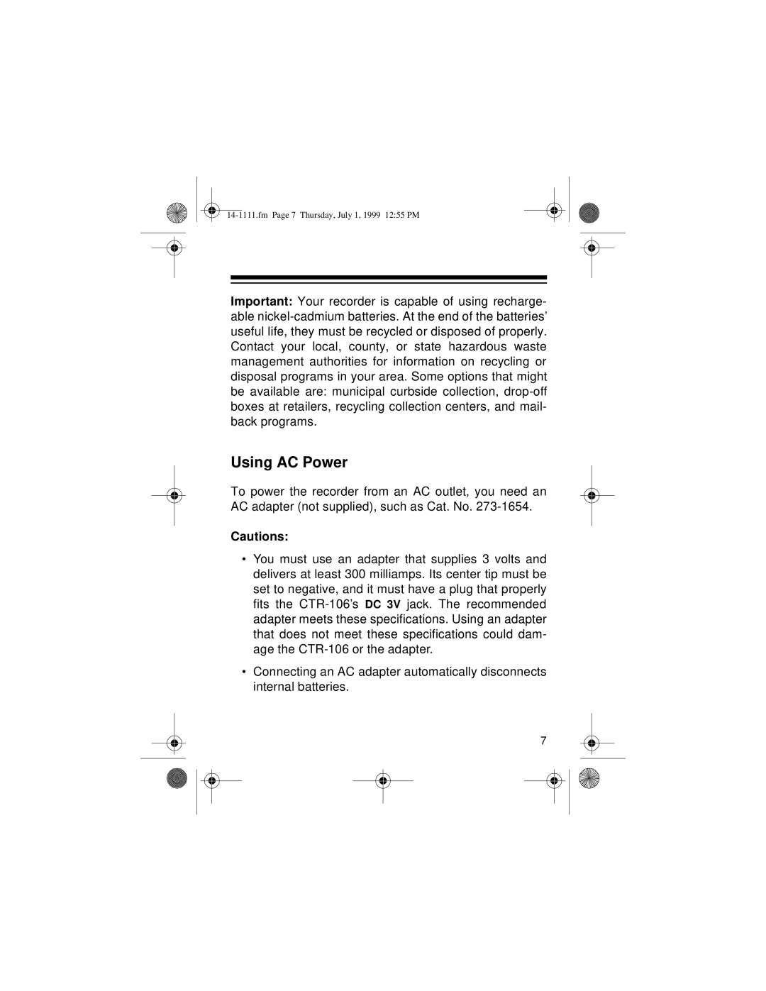 Optimus CTR-106 owner manual Using AC Power 