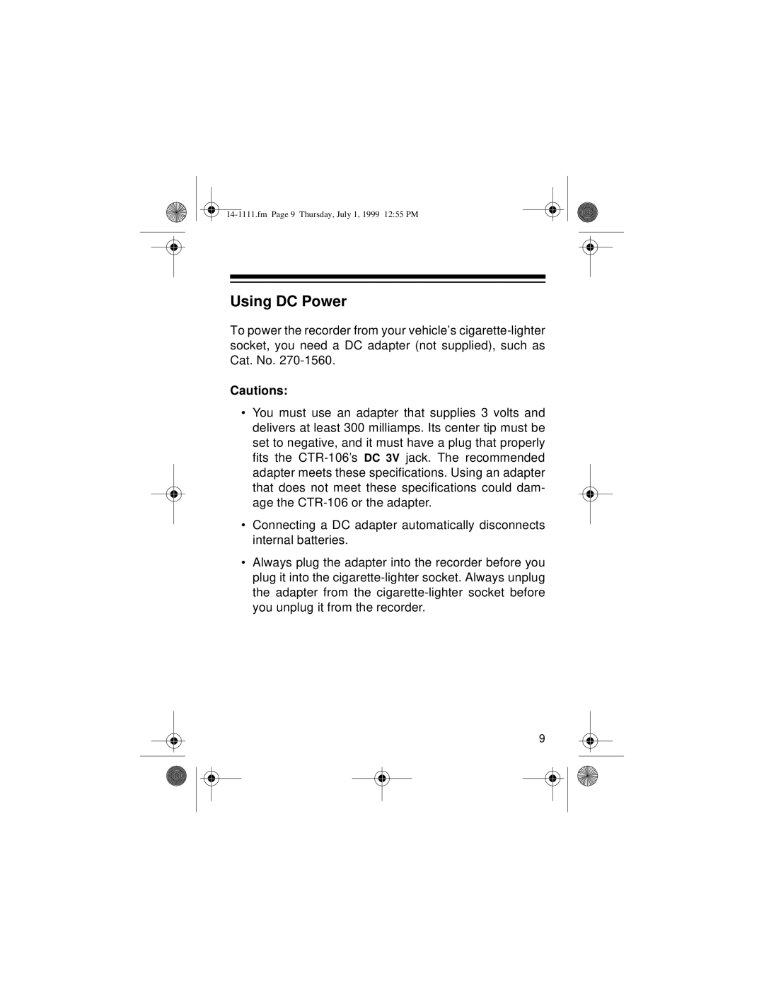 Optimus CTR-106 owner manual Using DC Power 