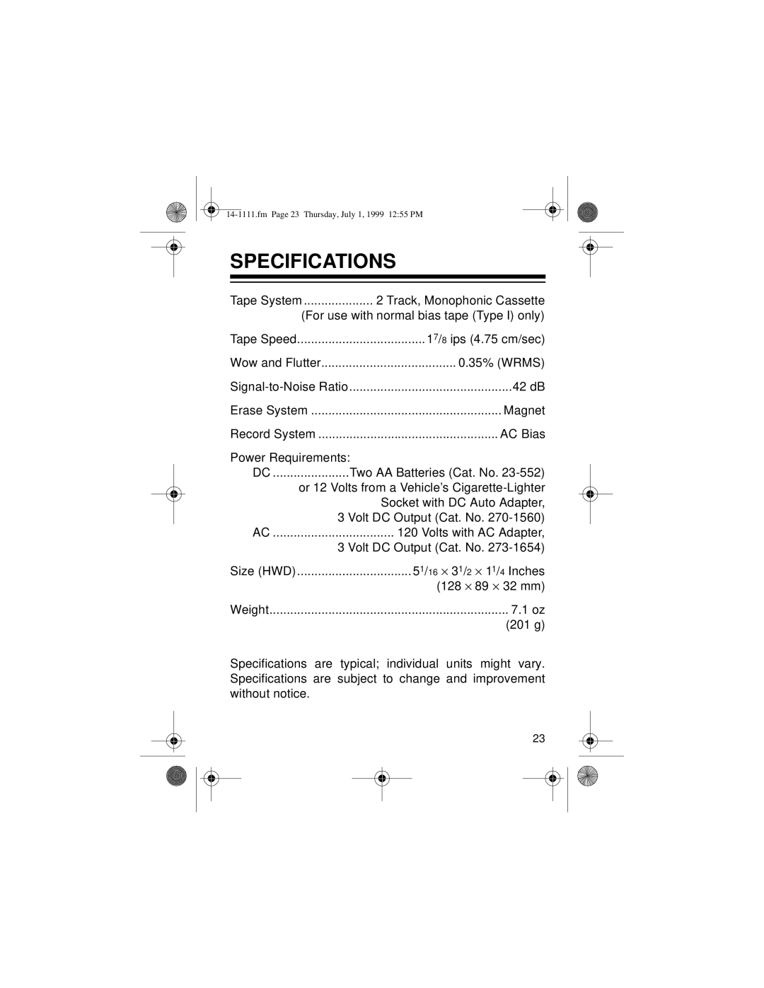 Optimus CTR-106 owner manual Specifications 
