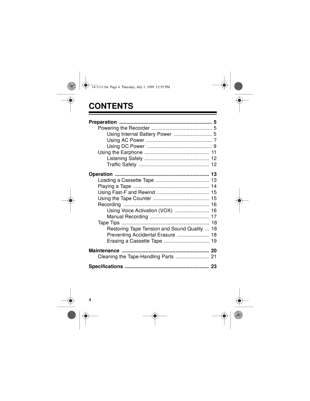 Optimus CTR-106 owner manual Contents 