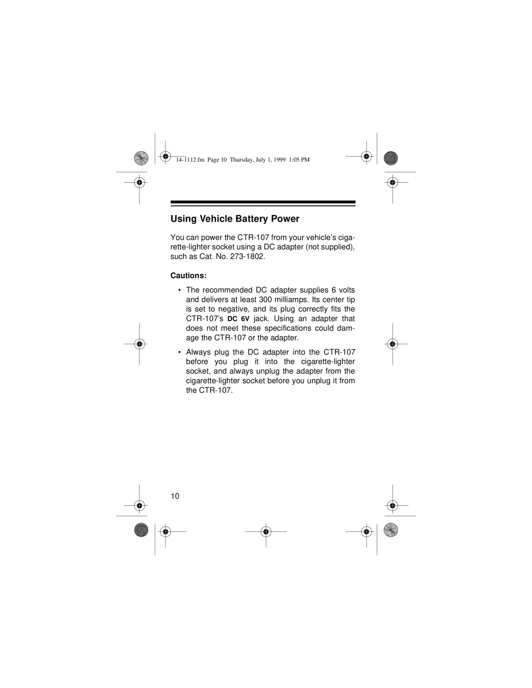 Optimus CTR-107 owner manual Using Vehicle Battery Power 