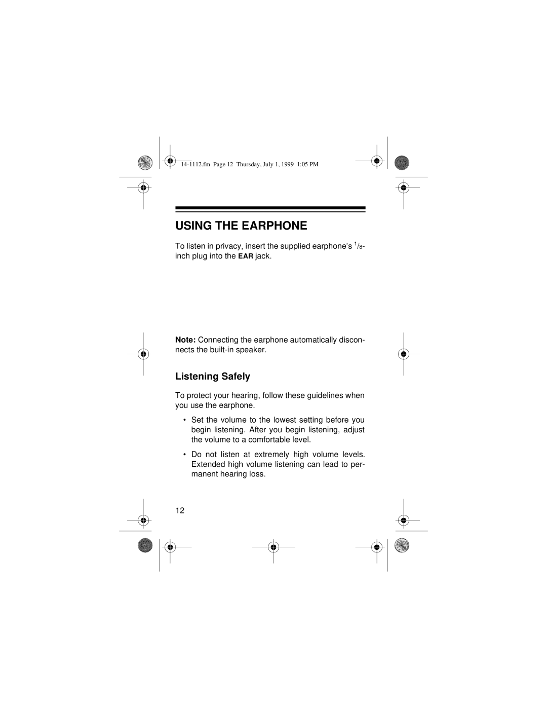 Optimus CTR-107 owner manual Using the Earphone, Listening Safely 