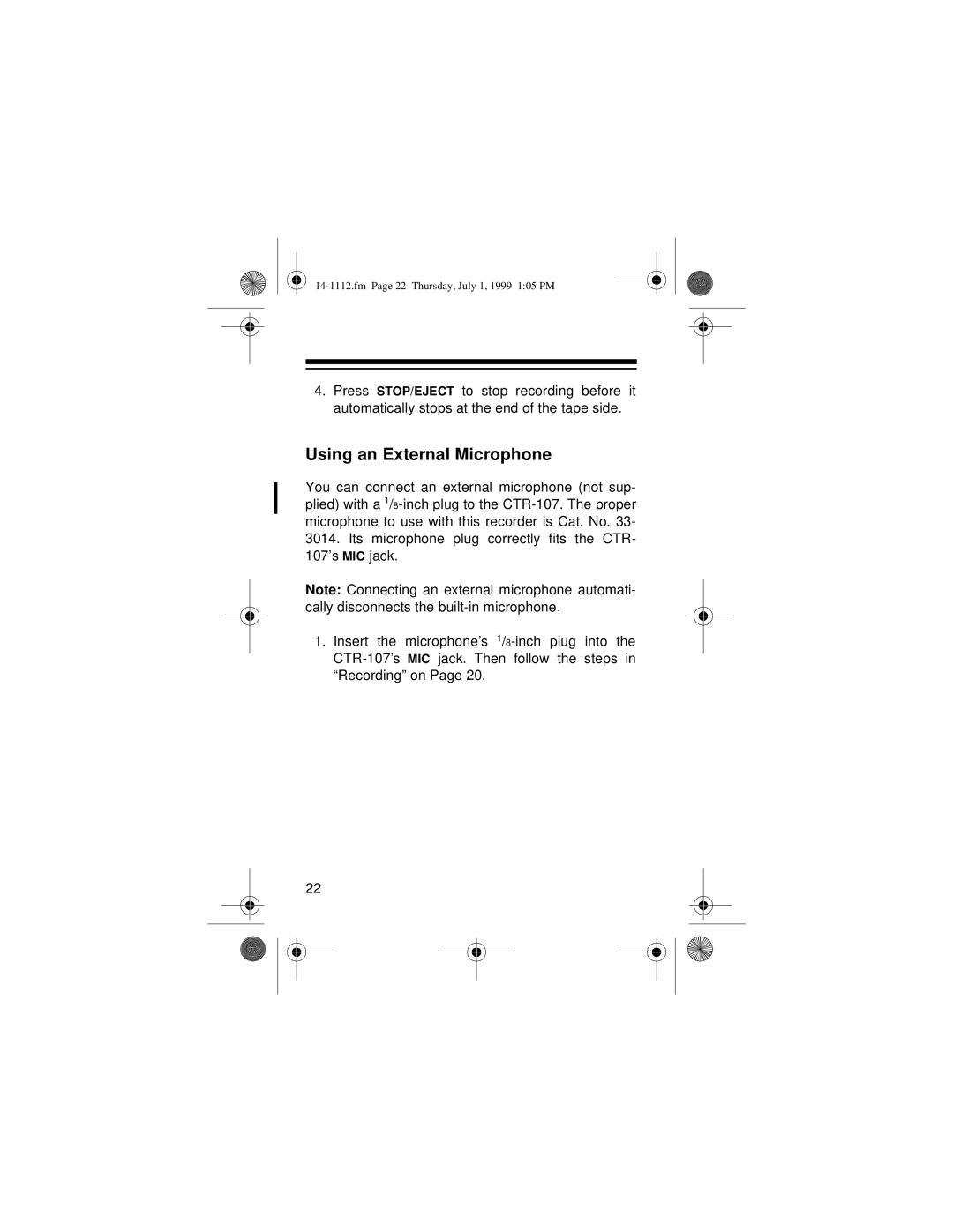 Optimus CTR-107 owner manual Using an External Microphone 