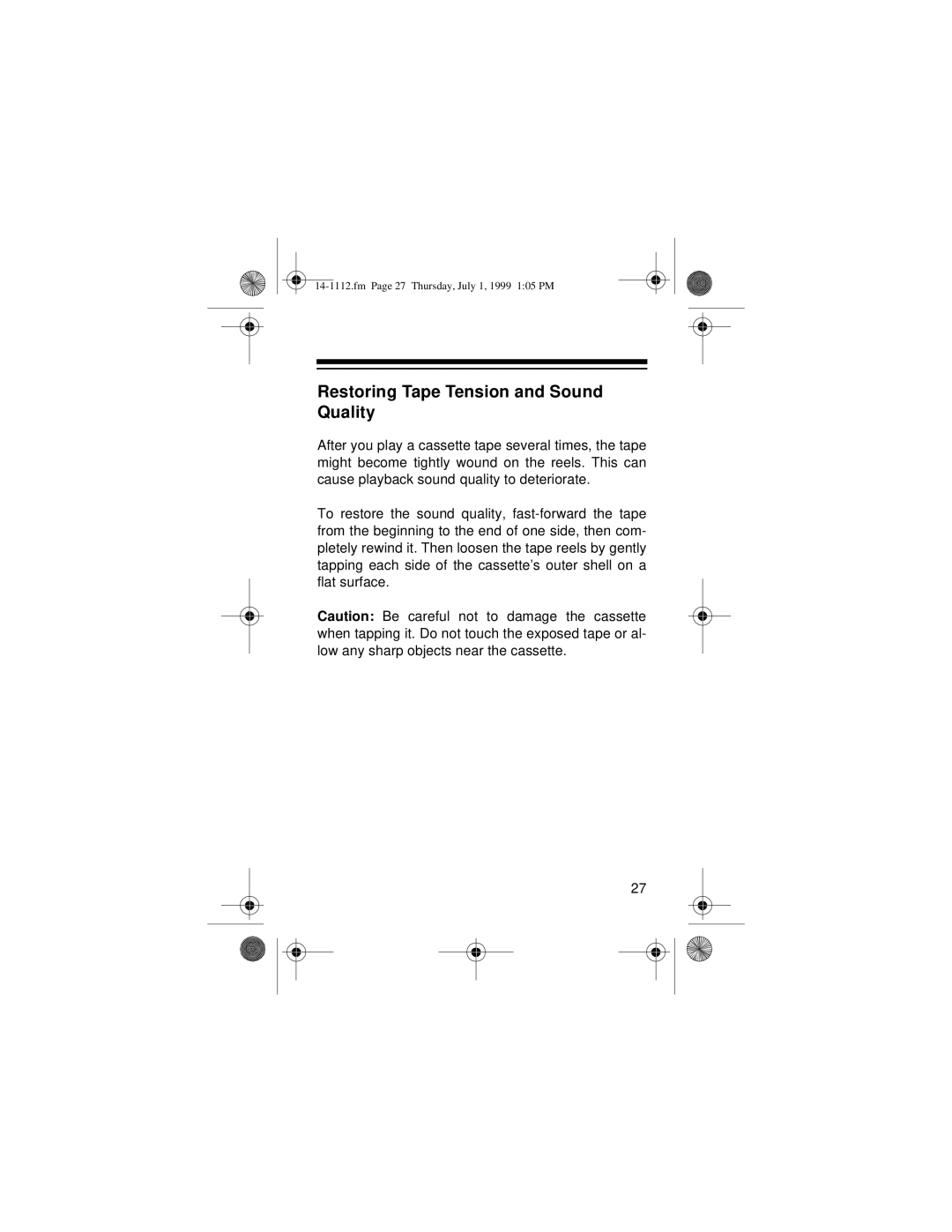 Optimus CTR-107 owner manual Restoring Tape Tension and Sound Quality 