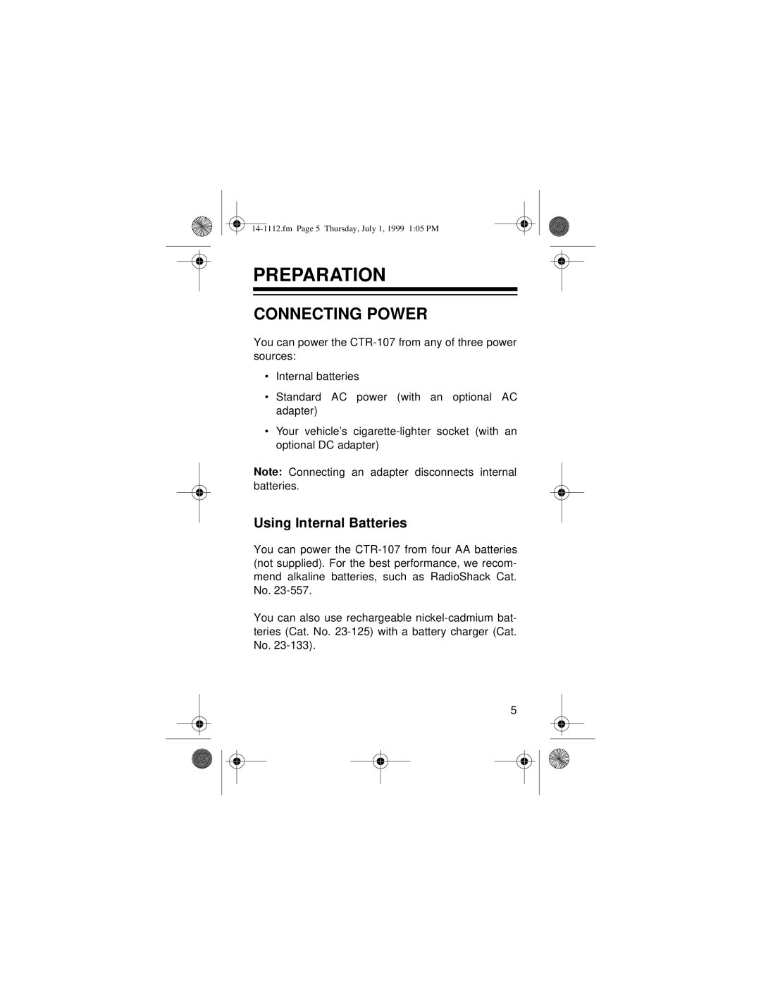 Optimus CTR-107 owner manual Preparation, Connecting Power, Using Internal Batteries 